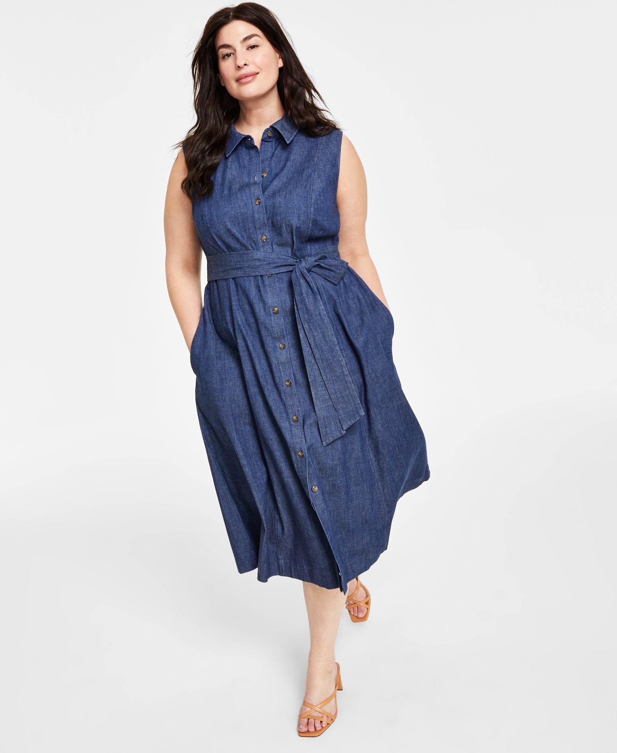 Plus Size Denim Belted Sleeveless Shirtdress