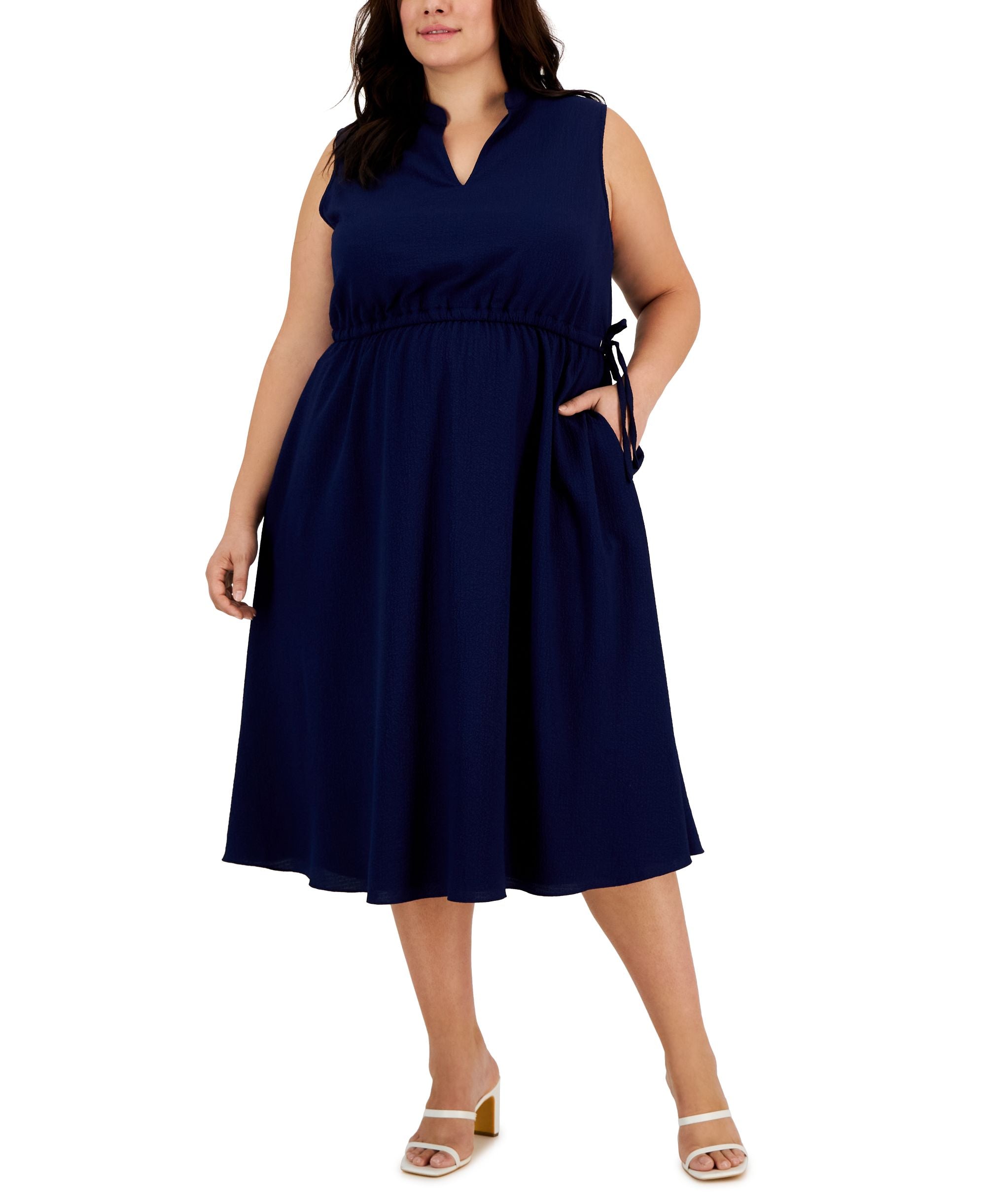 Plus Size Textured Drawstring Midi Dress