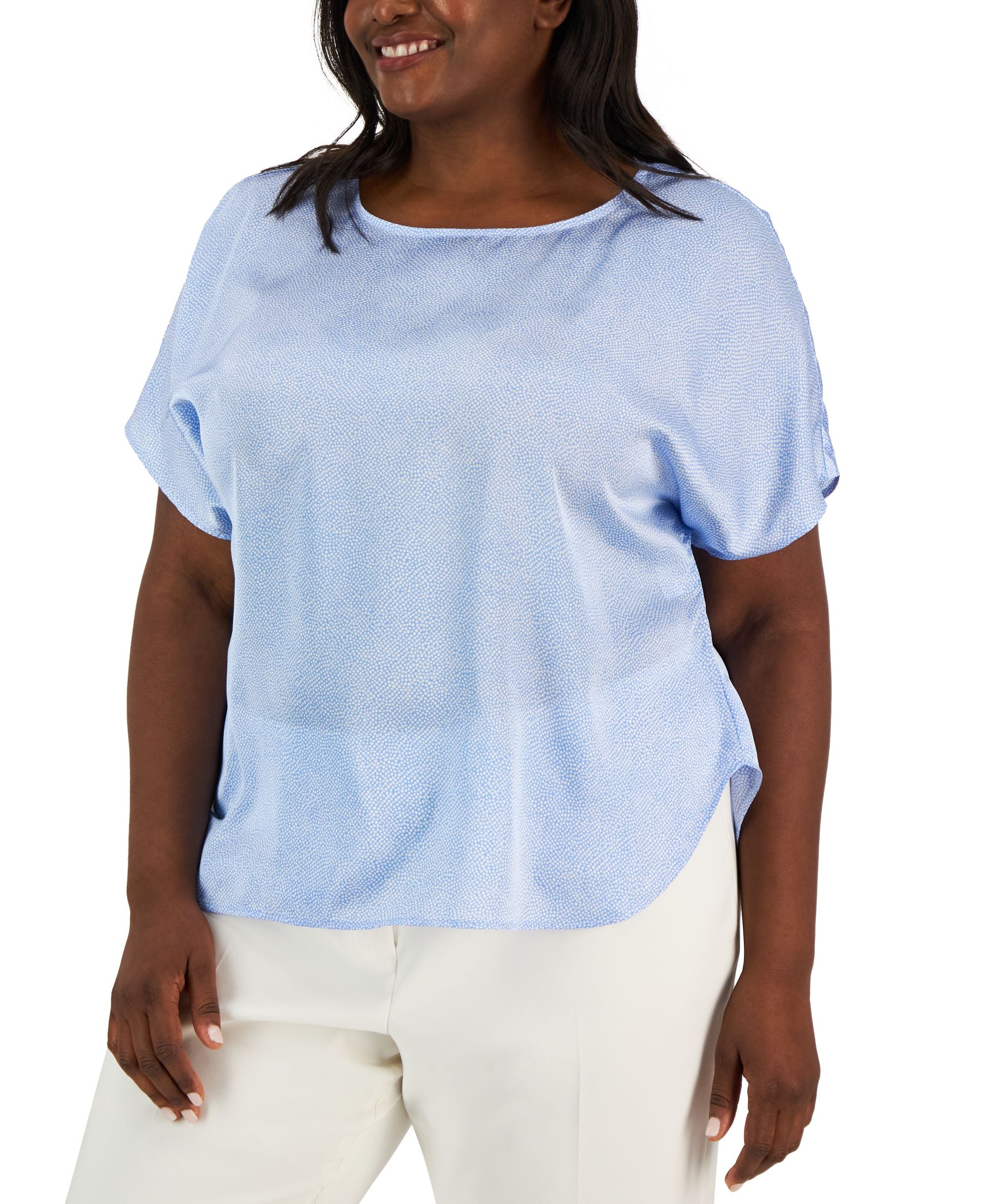 Plus Size Printed Satin Short Sleeve Blouse