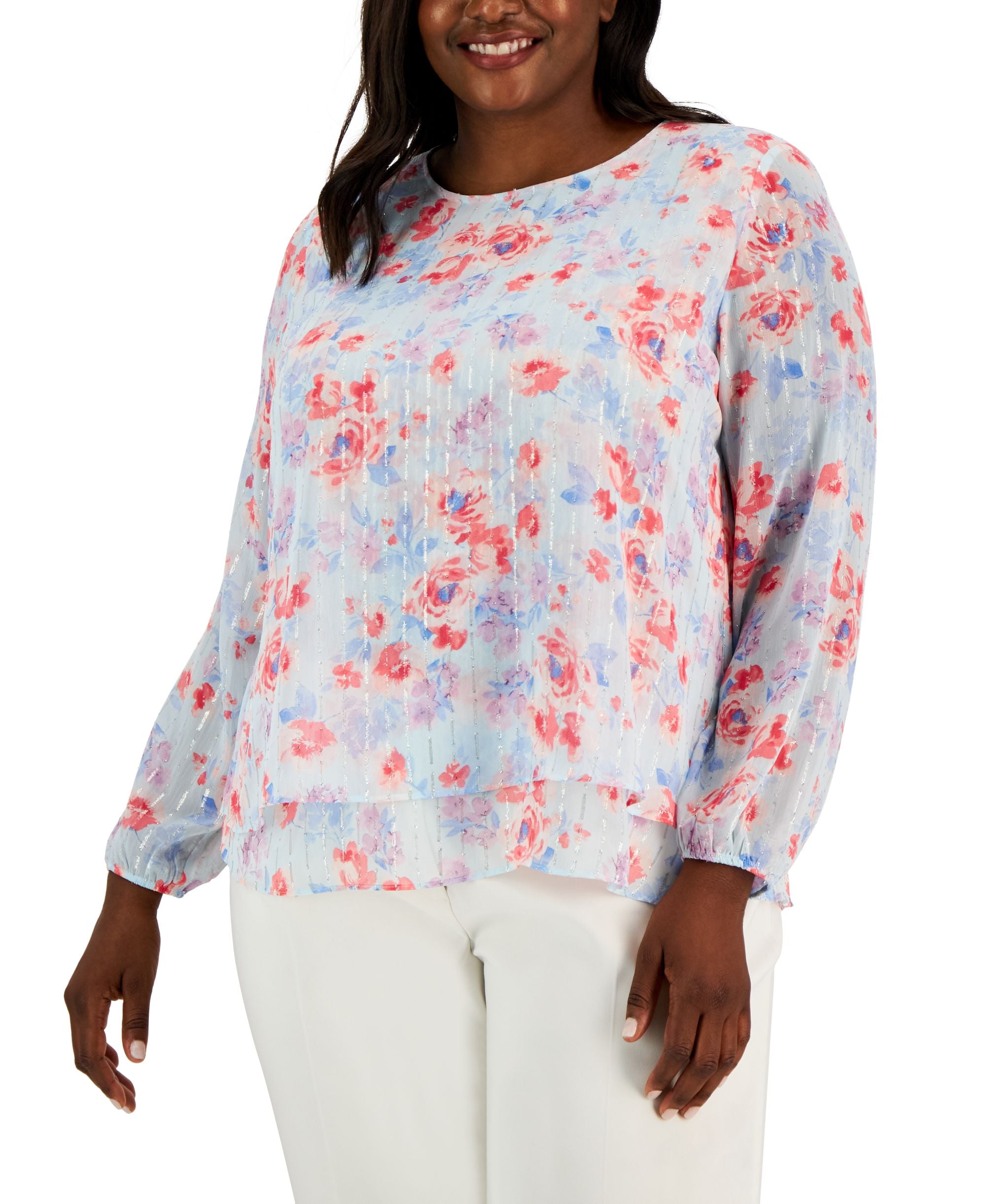 Plus Size Floral-Print Embellished Blouse