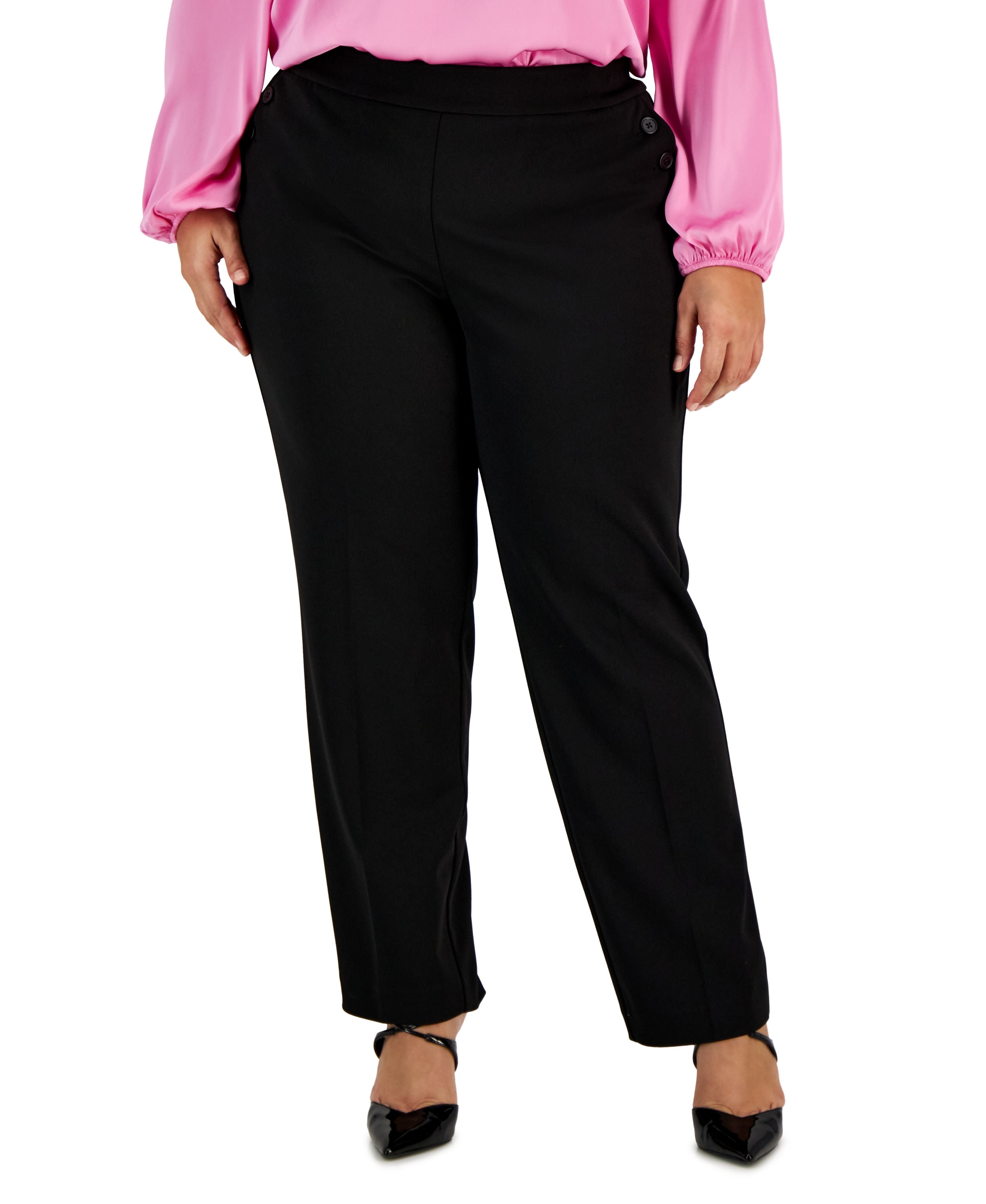 Plus Size Button-Detail Straight-Leg Pull-On Pants