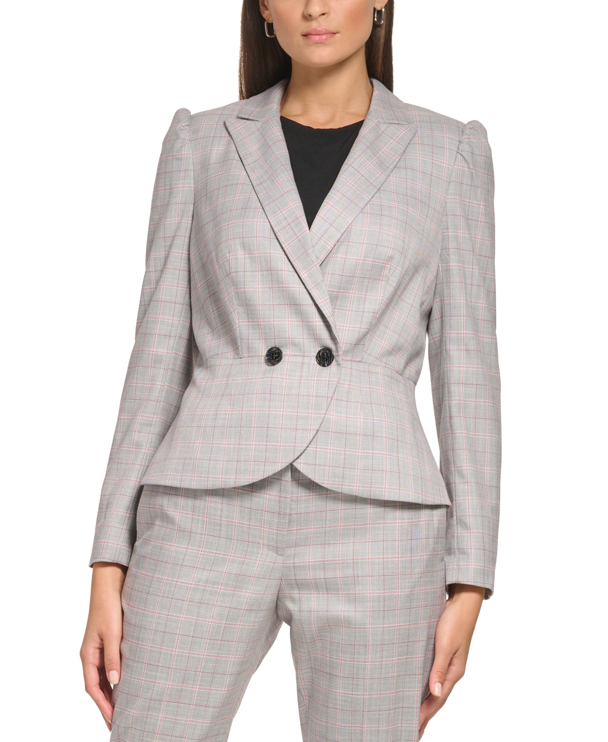 Petite Plaid Puff-Sleeve Peplum Jacket