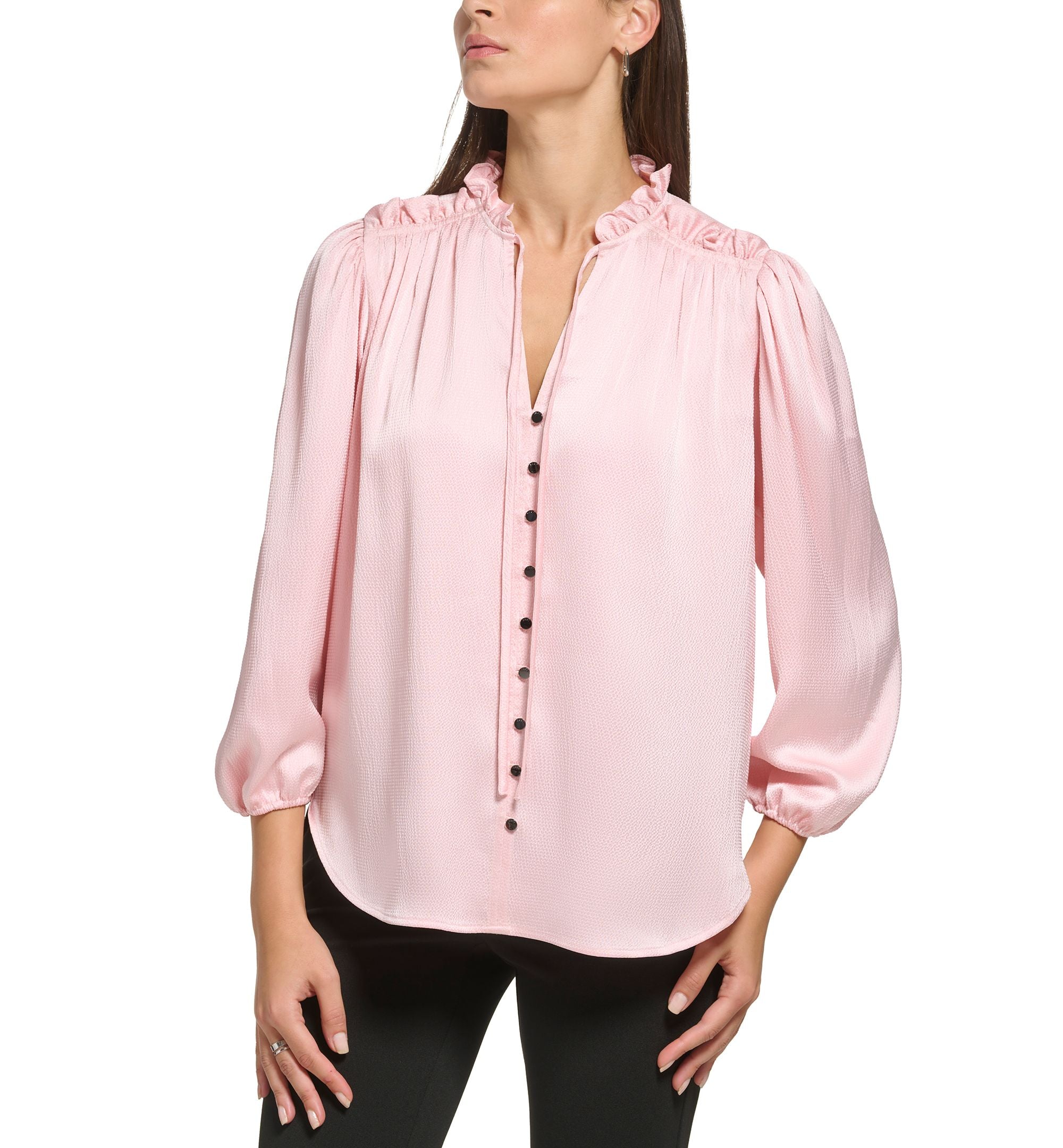 Petite Ruffled Tie-Neck 3/4-Sleeve Blouse