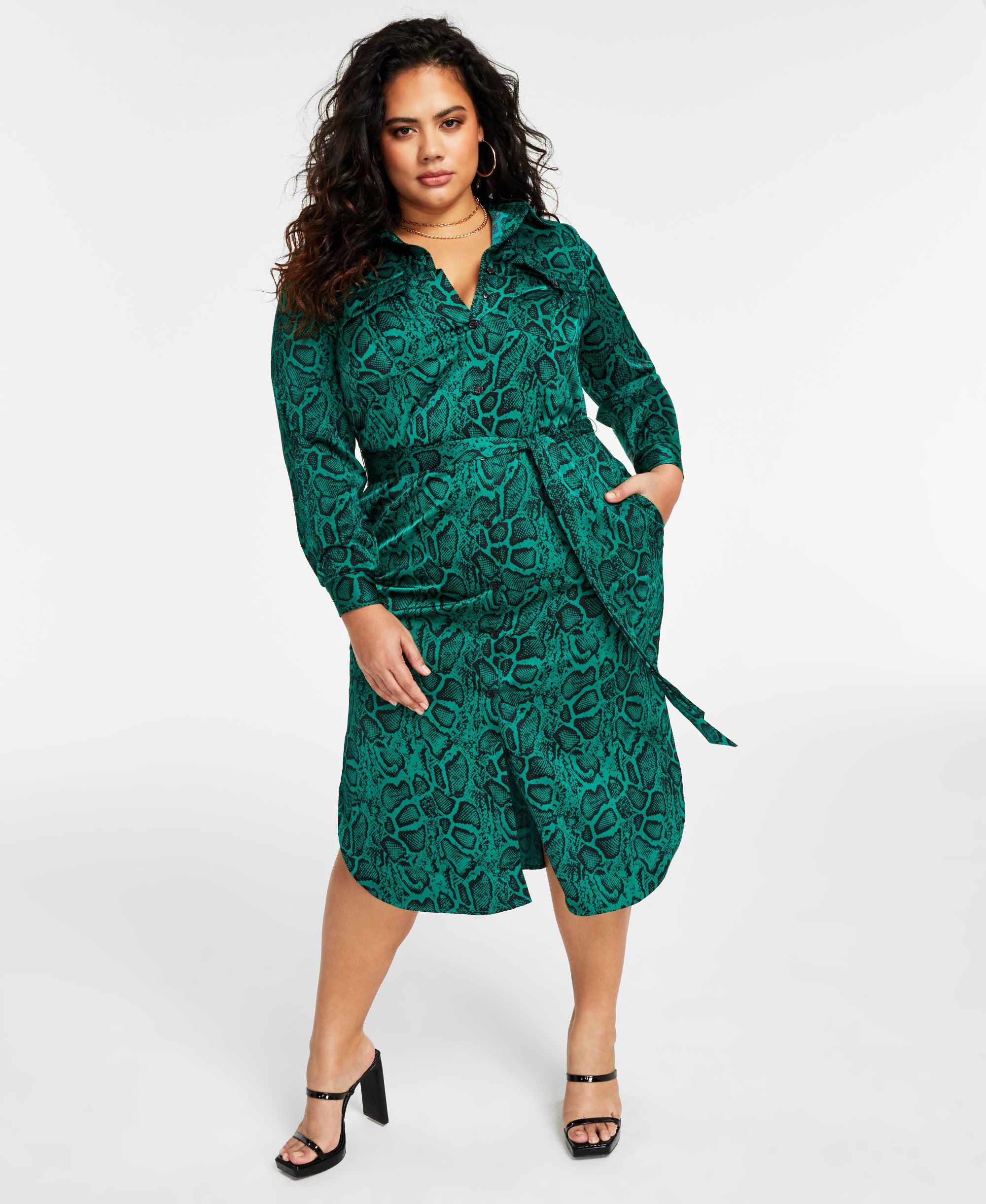 Trendy Plus Size Printed Satin Shirtdress