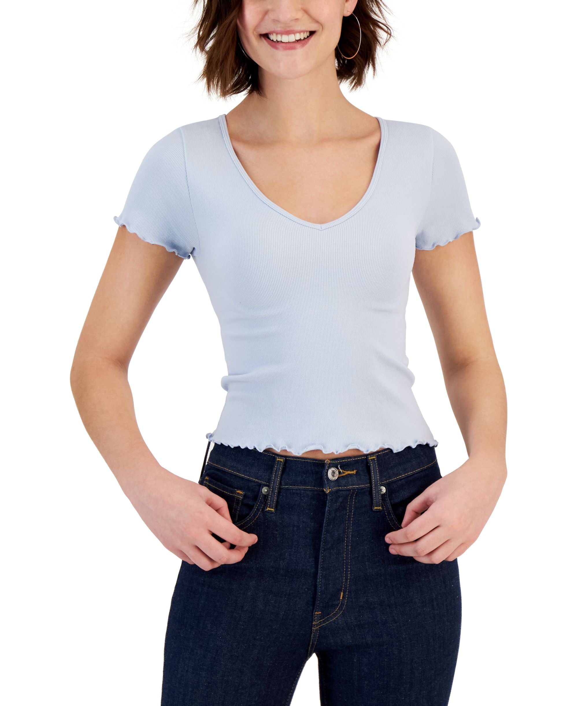 Juniors' Lettuce-Trim Seamless V-Neck Top