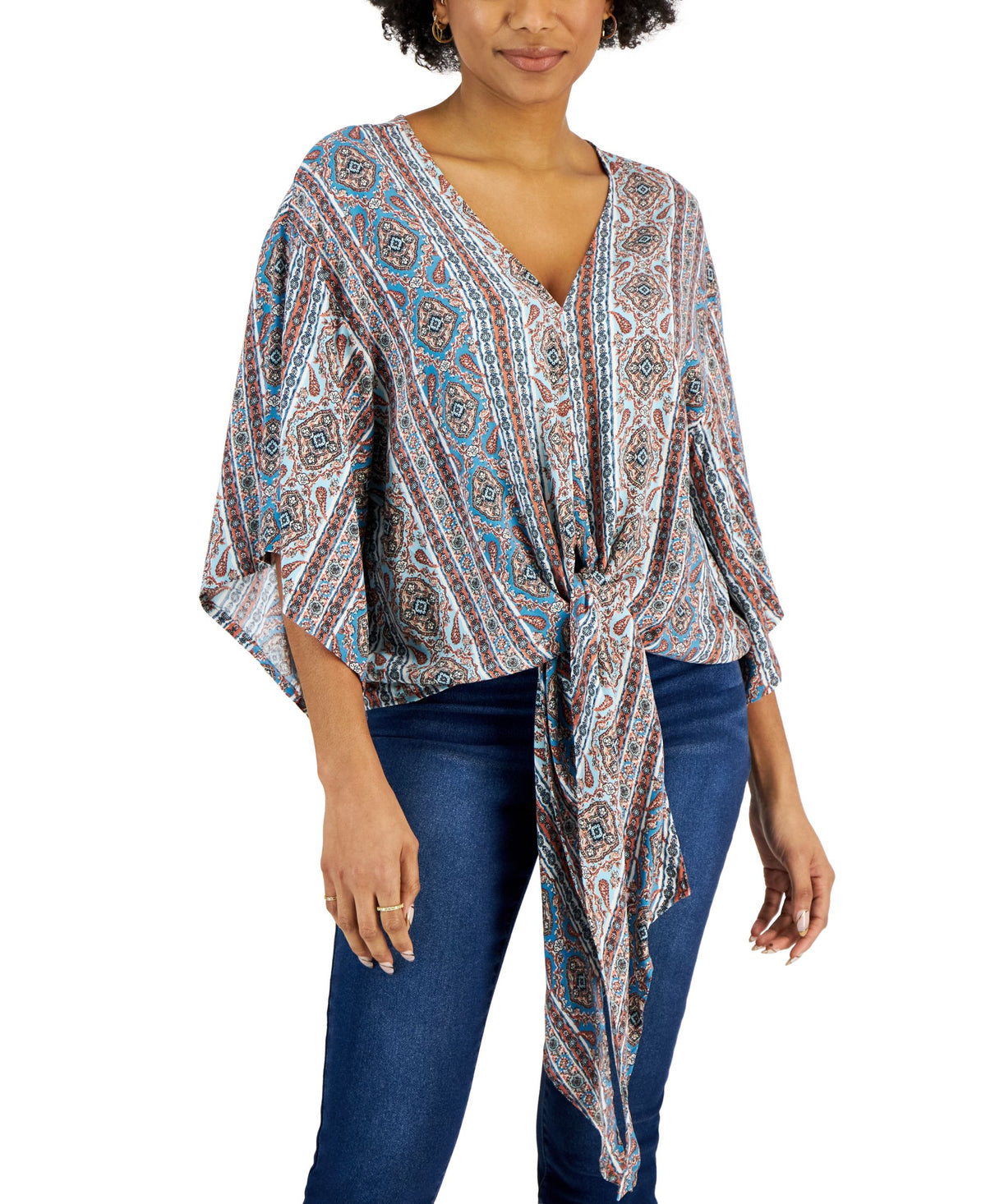 Juniors' Printed Tie-Front Top