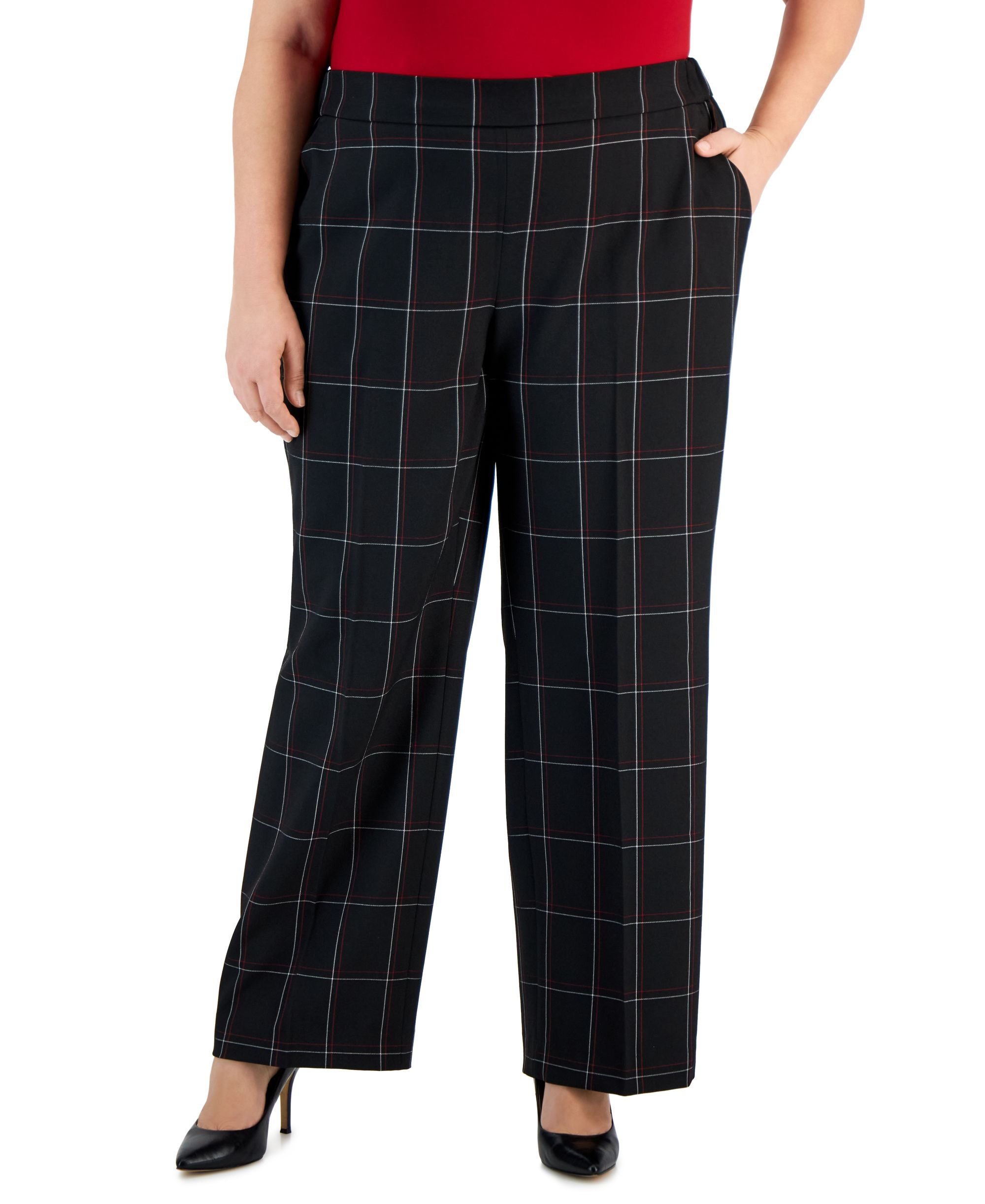Plus Size Mid-Rise Pull-On Plaid Pants