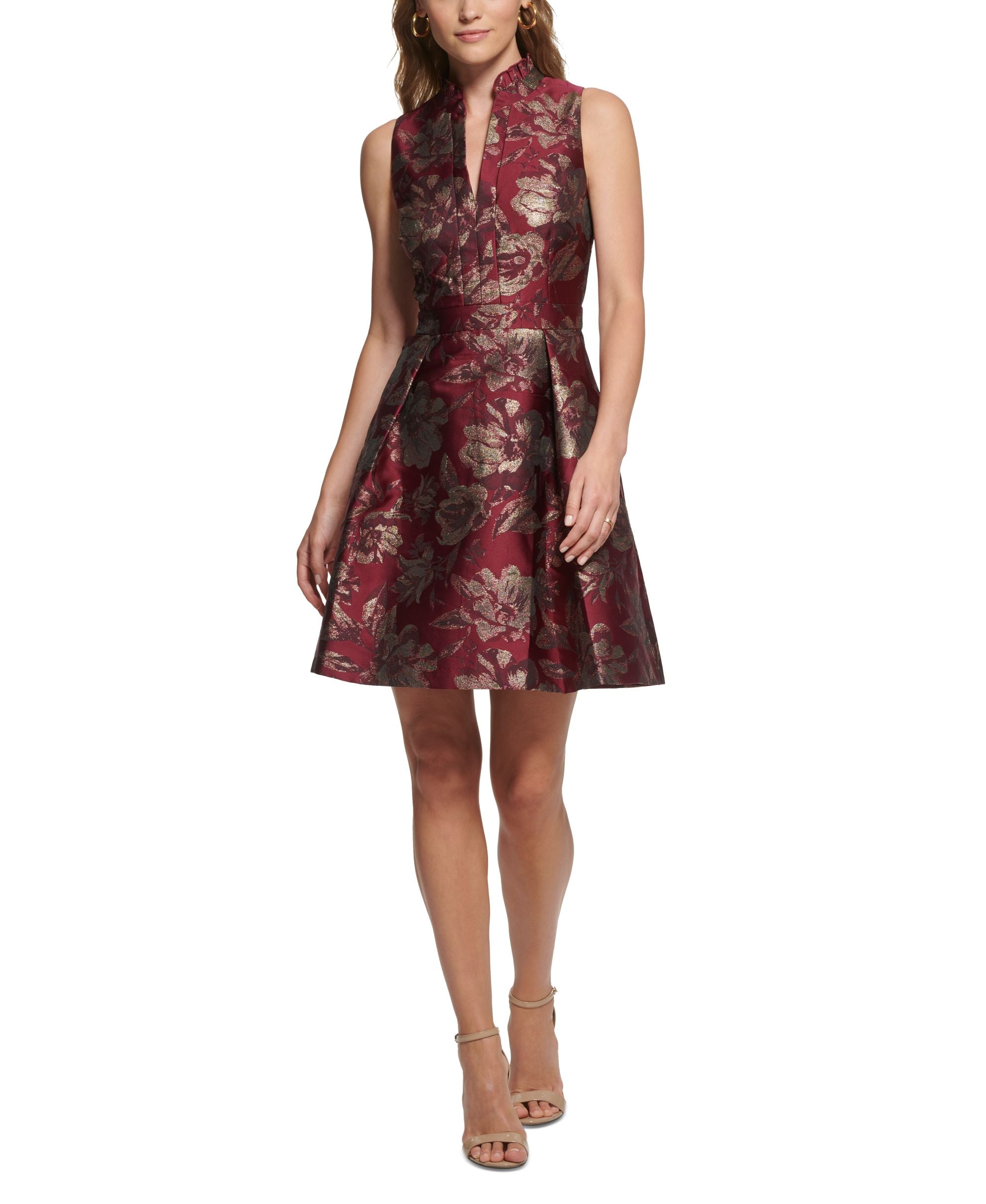 Vince Camuto Womens Jacquard Ruffled-Neck Fit & Flare Dress