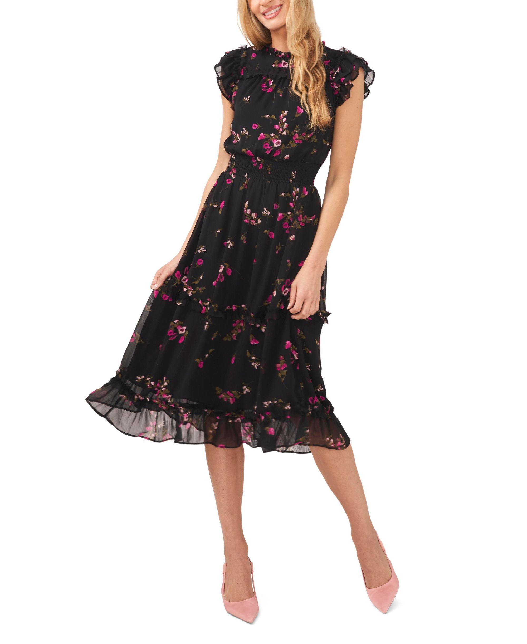 Women's Floral Print Smocked-Waist Midi Dress