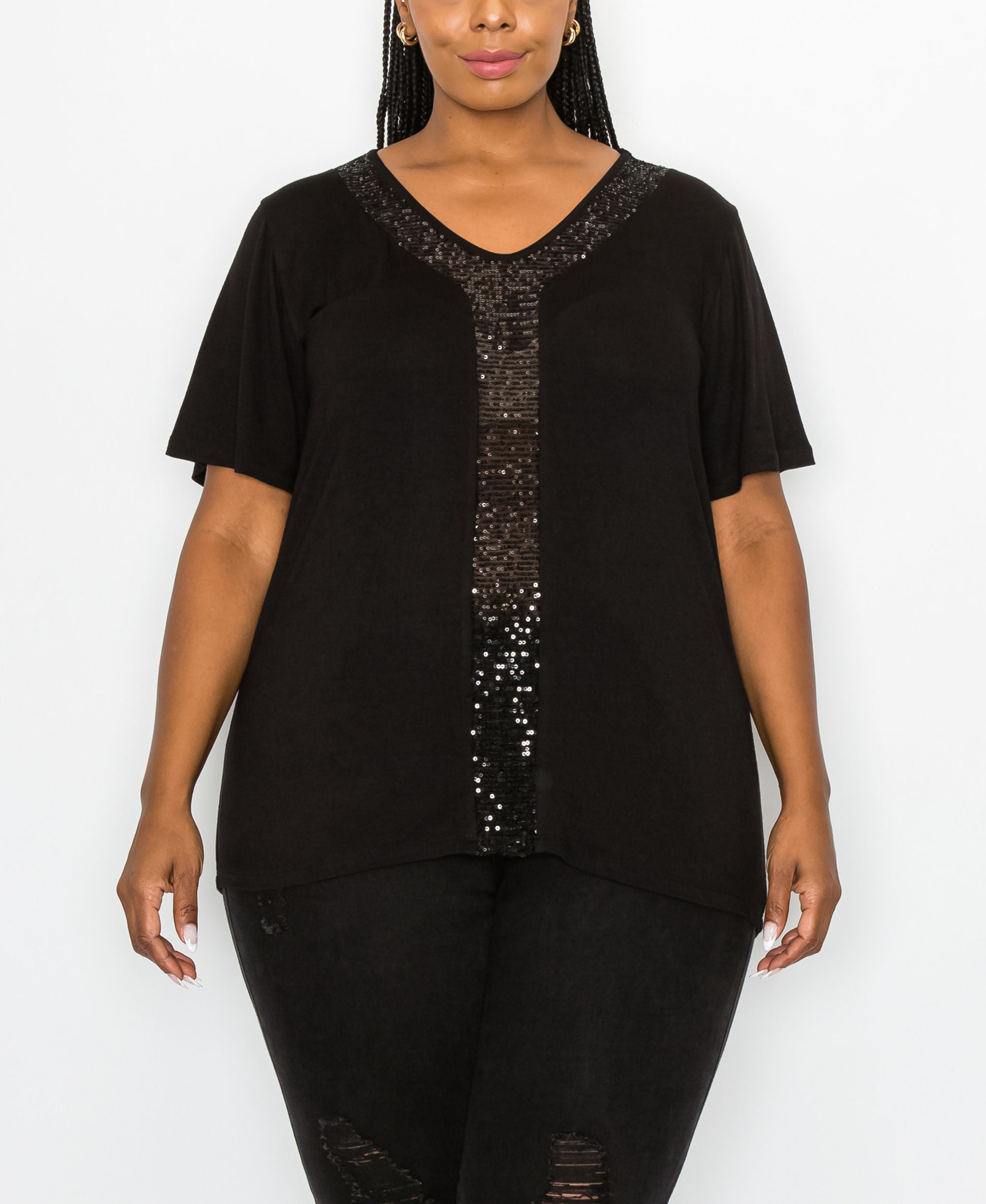 Plus Size Sequin Inset Short Sleeve Top