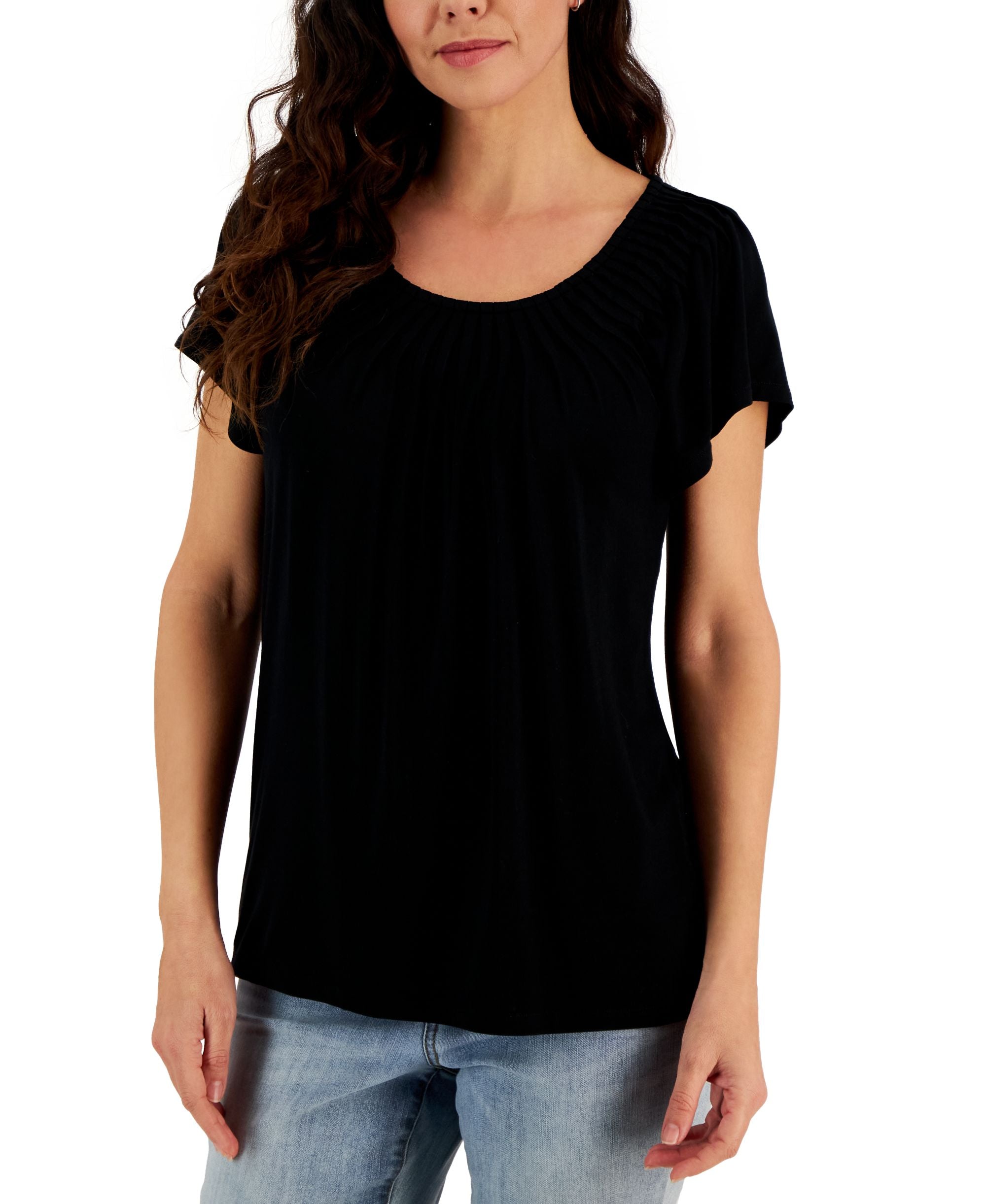 Petite Pleated Scoop-Neck Short-Sleeve Top