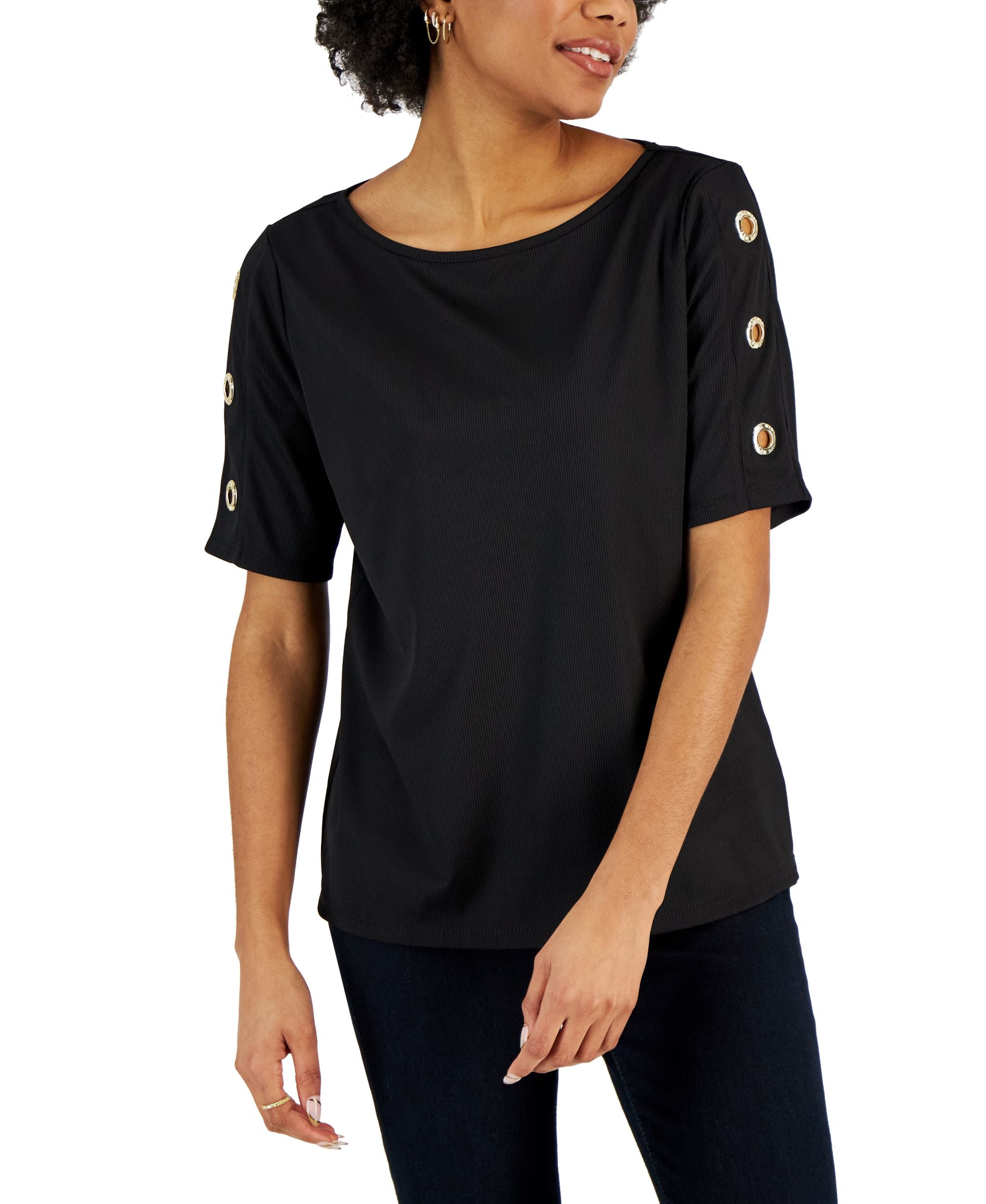 Women's Boat-Neck Ribbed Grommet-Sleeve Top