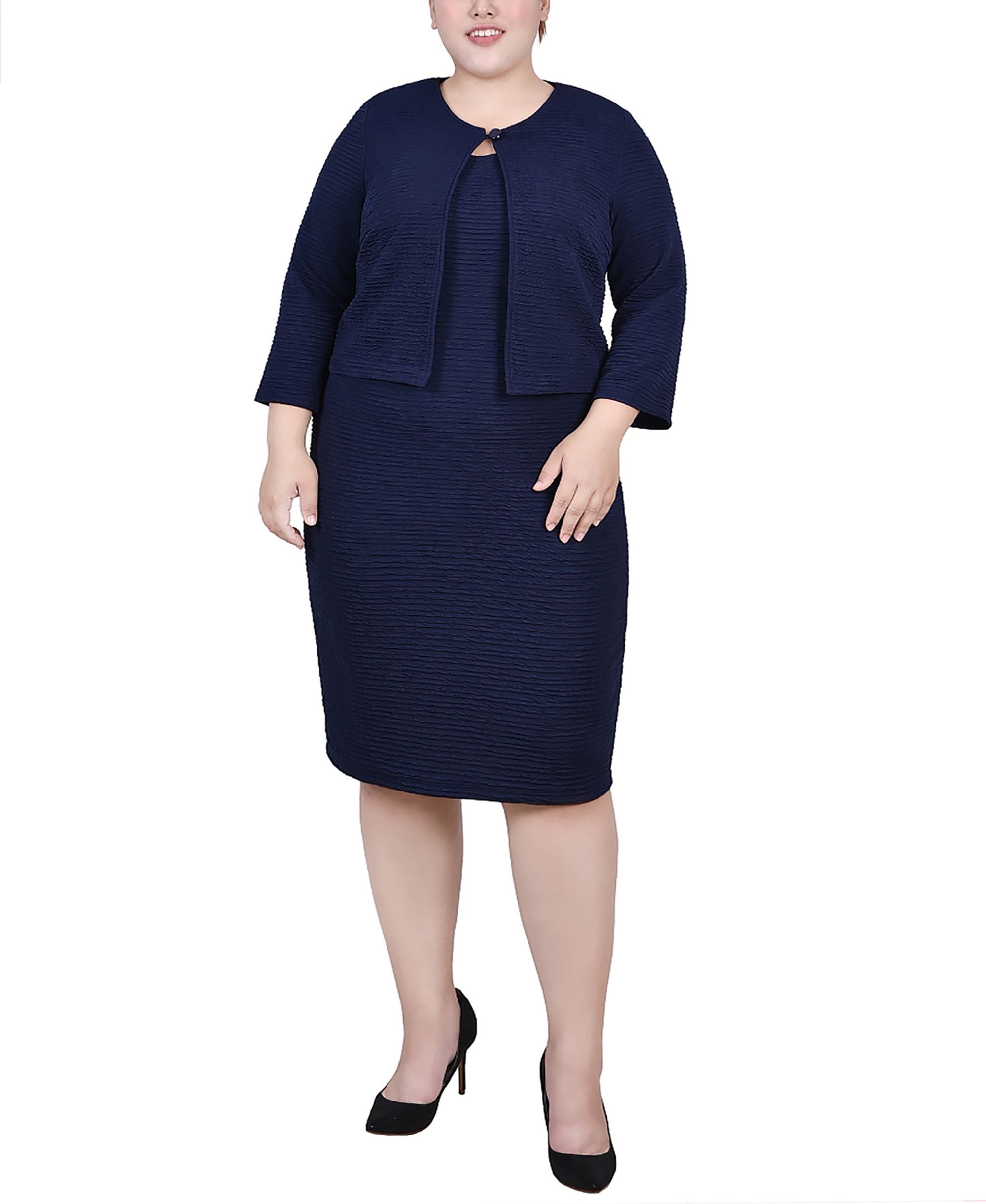 NY Collection Plus Size Textured 3/4 Sleeve Two Piece Dress Set