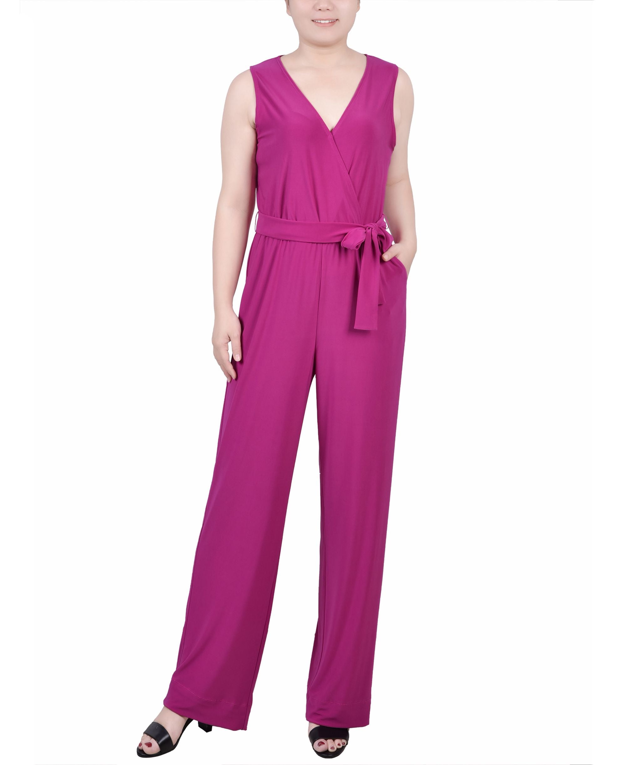 NY Collection Petite Surplice Belted Wide Leg Jumpsuit