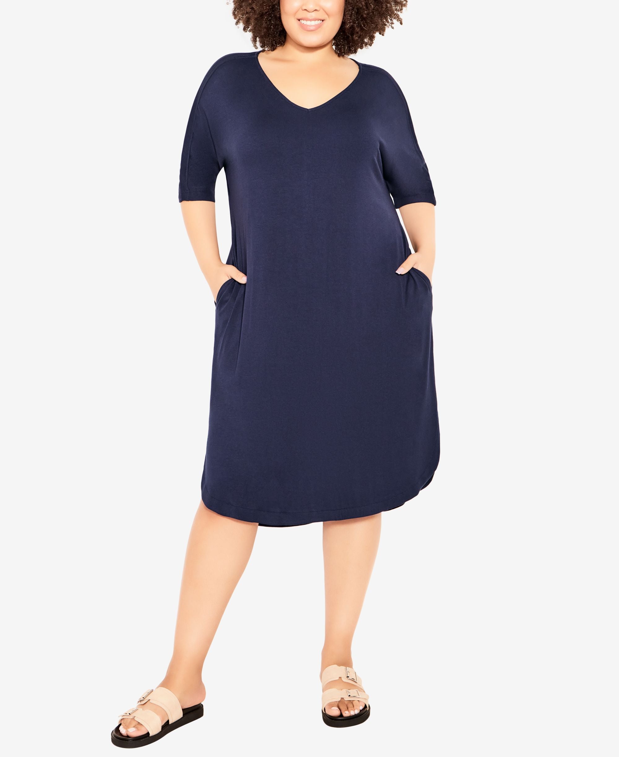 Plus Size Knit Pocket Plain Dress