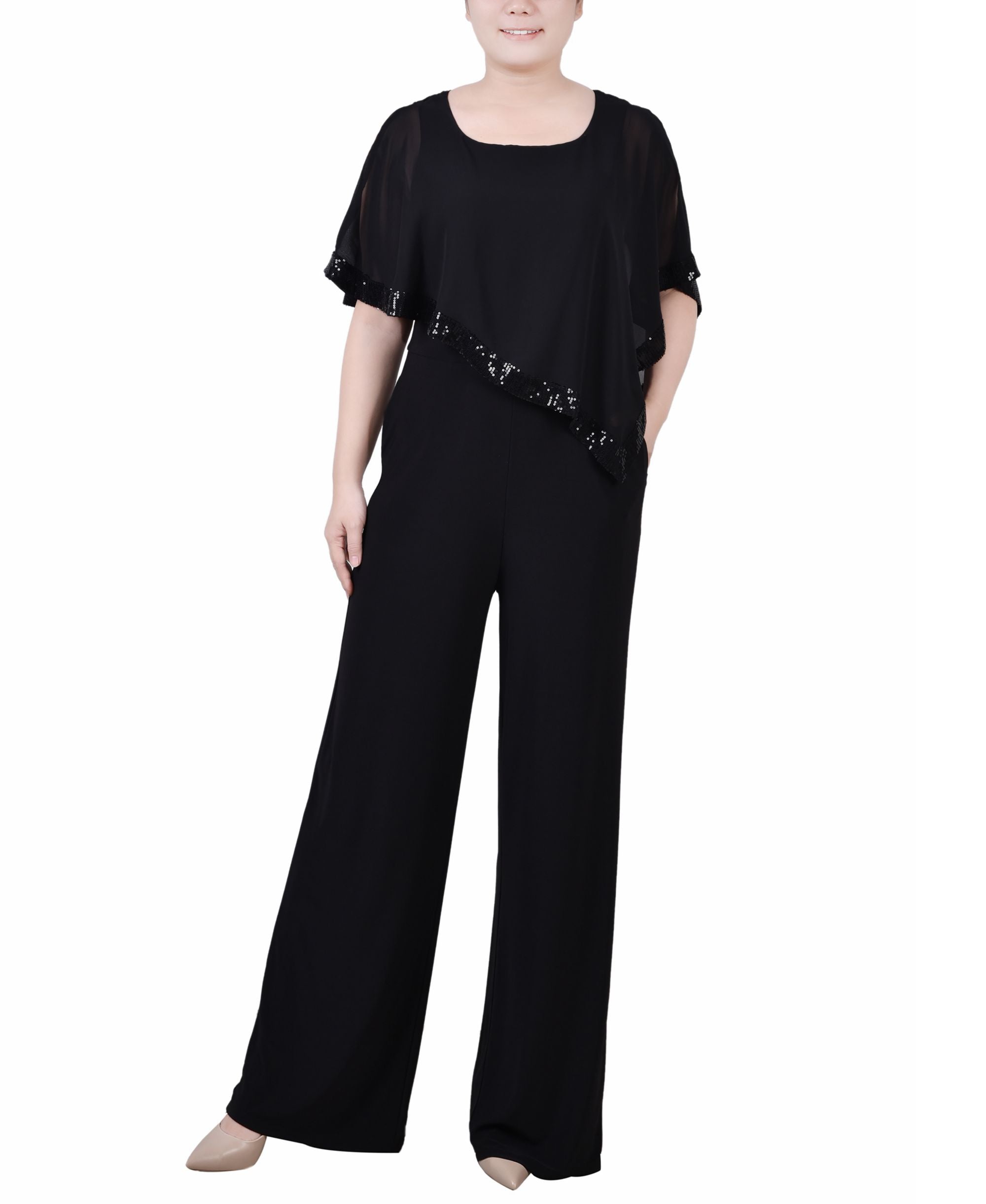 NY Collection Petite Poncho Sleeve Sequined Jumpsuit