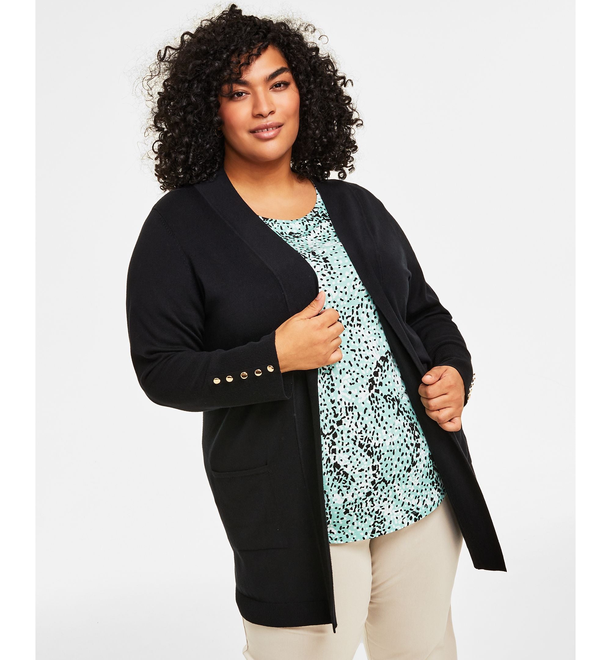 JM Collection Plus Size Button Sleeve Flyaway Cardigan Sweater