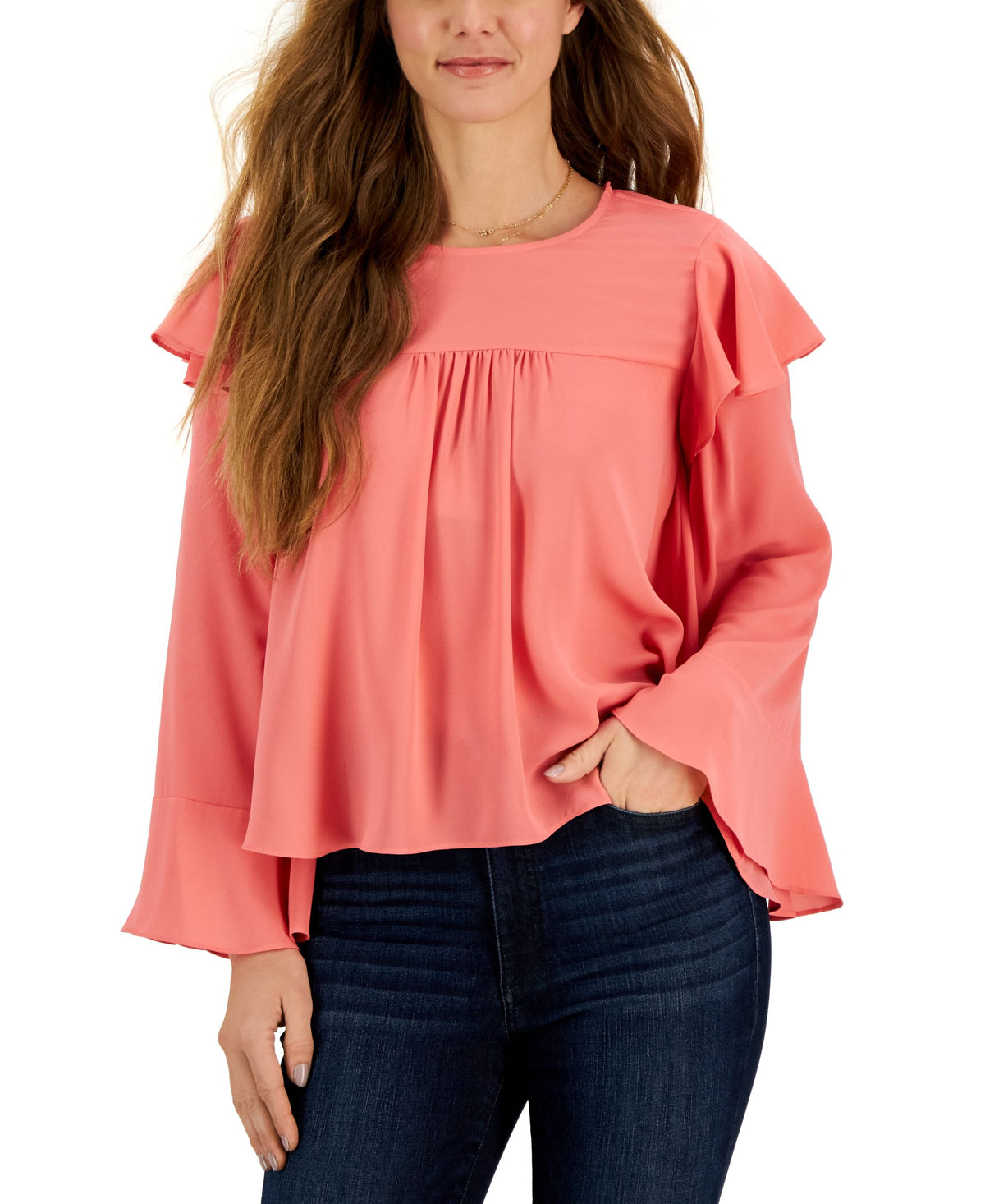 Women's Ruffled Bell-Sleeve Pleated Top