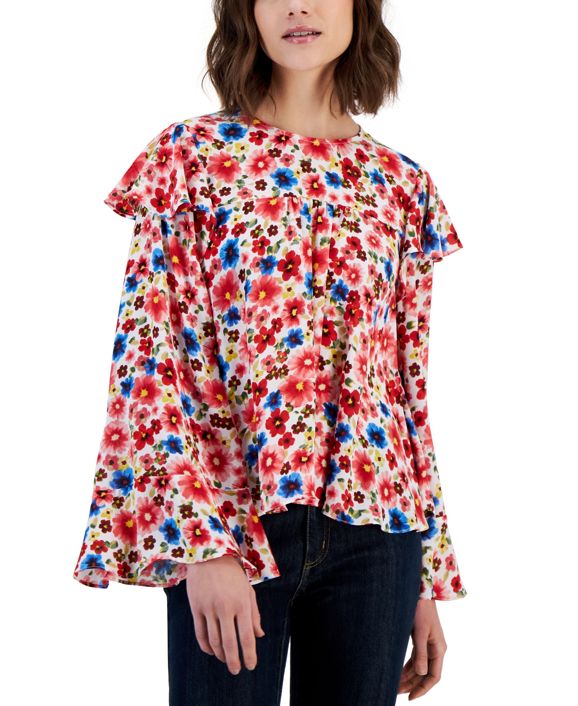 Women's Floral-Print Ruffled Bell-Sleeve Top