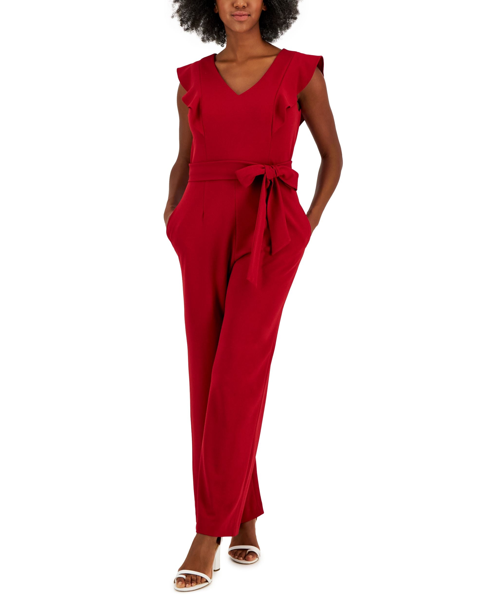 Scuba Crepe V-Neck Flutter-Sleeve Belted Jumpsuit