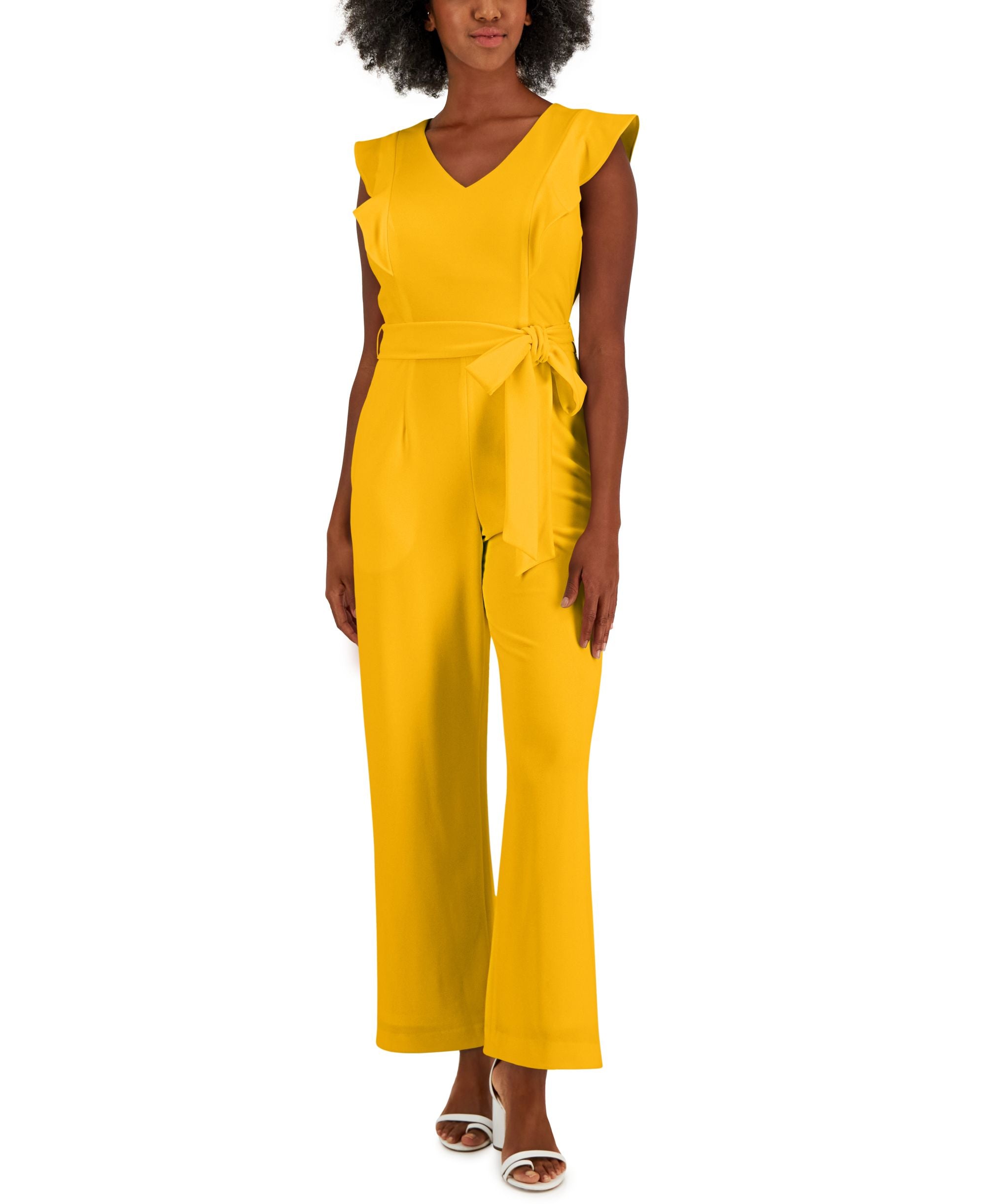 Scuba Crepe V-Neck Flutter-Sleeve Belted Jumpsuit