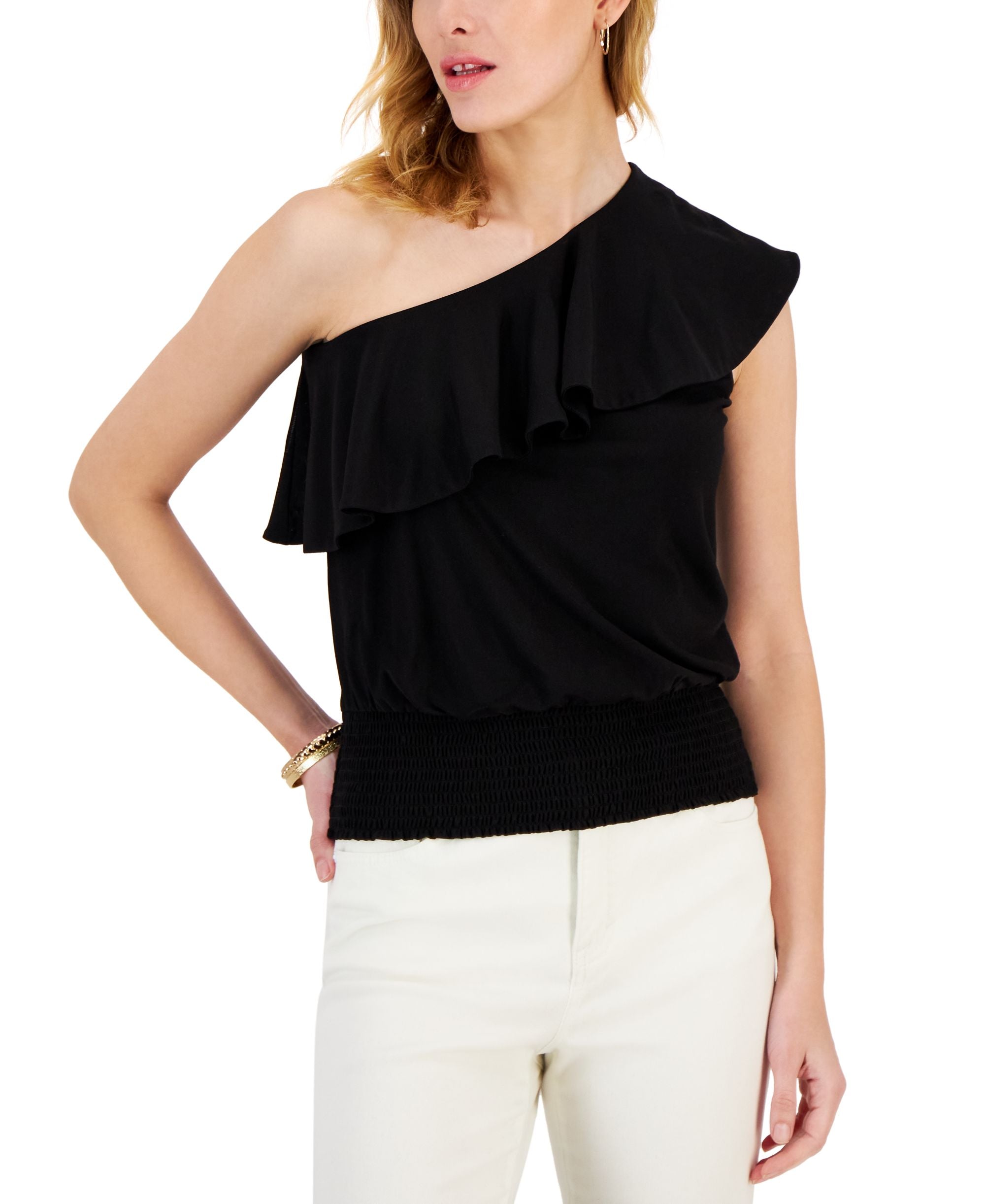 Women's Ruffled One-Shoulder Smocked-Hem Top