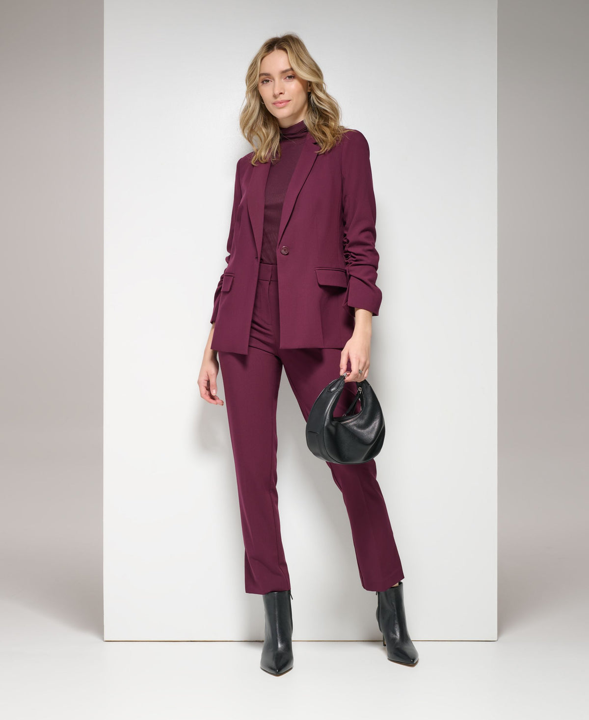 Ruched Sleeve One Button Blazer