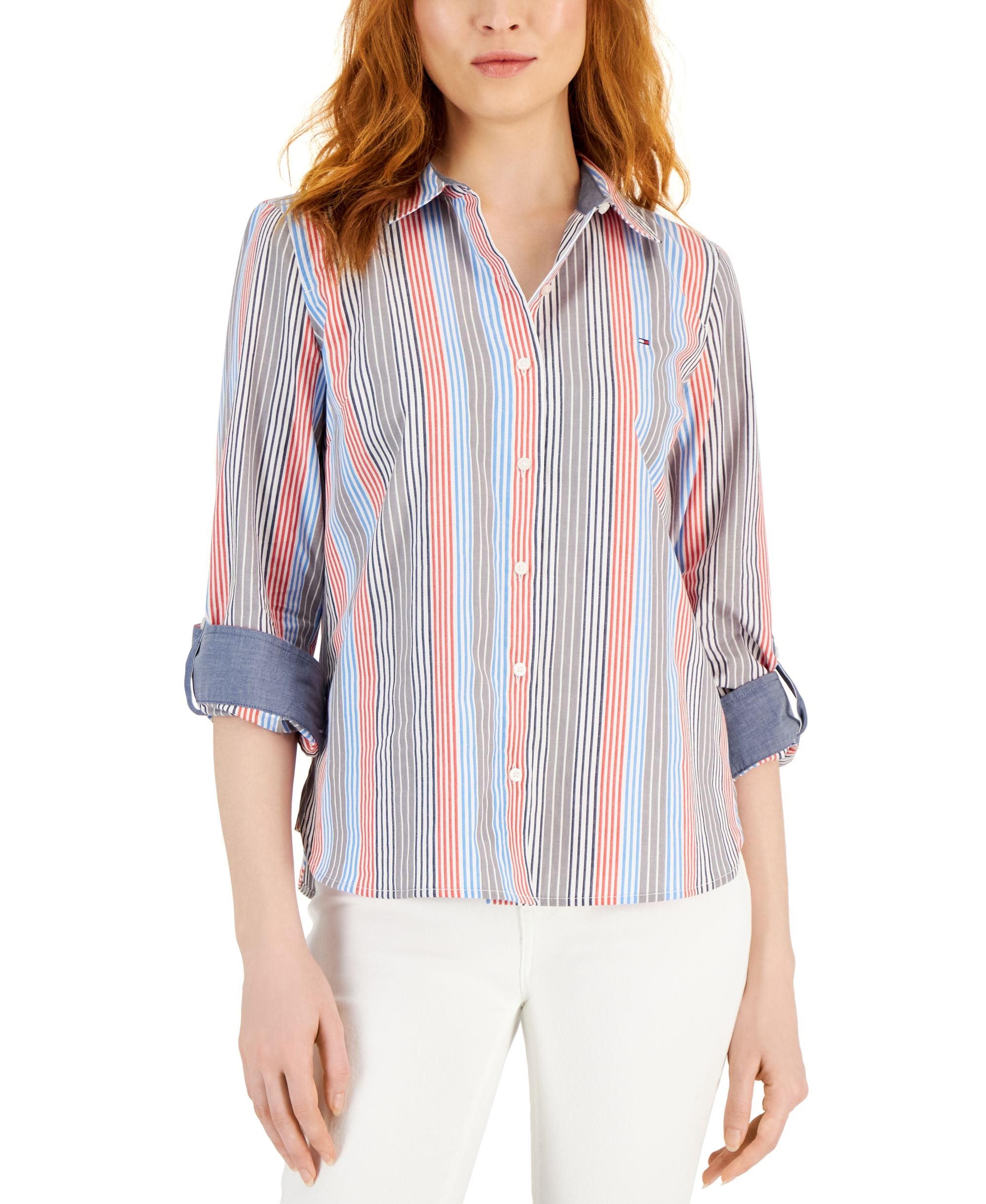 Women's Striped Roll-Tab Button-Up Shirt