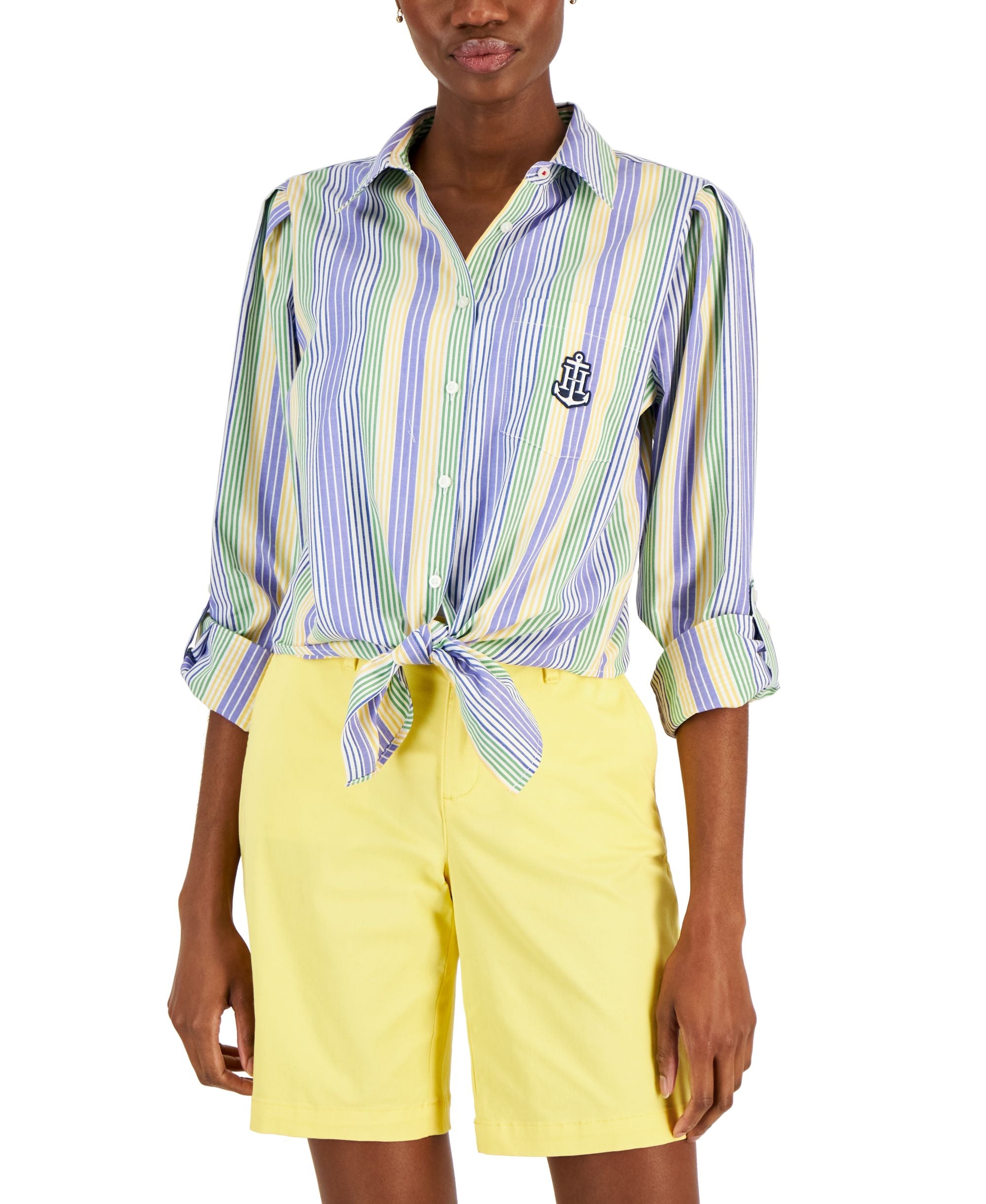 Women's Cotton Striped Tied Roll-Tab Shirt