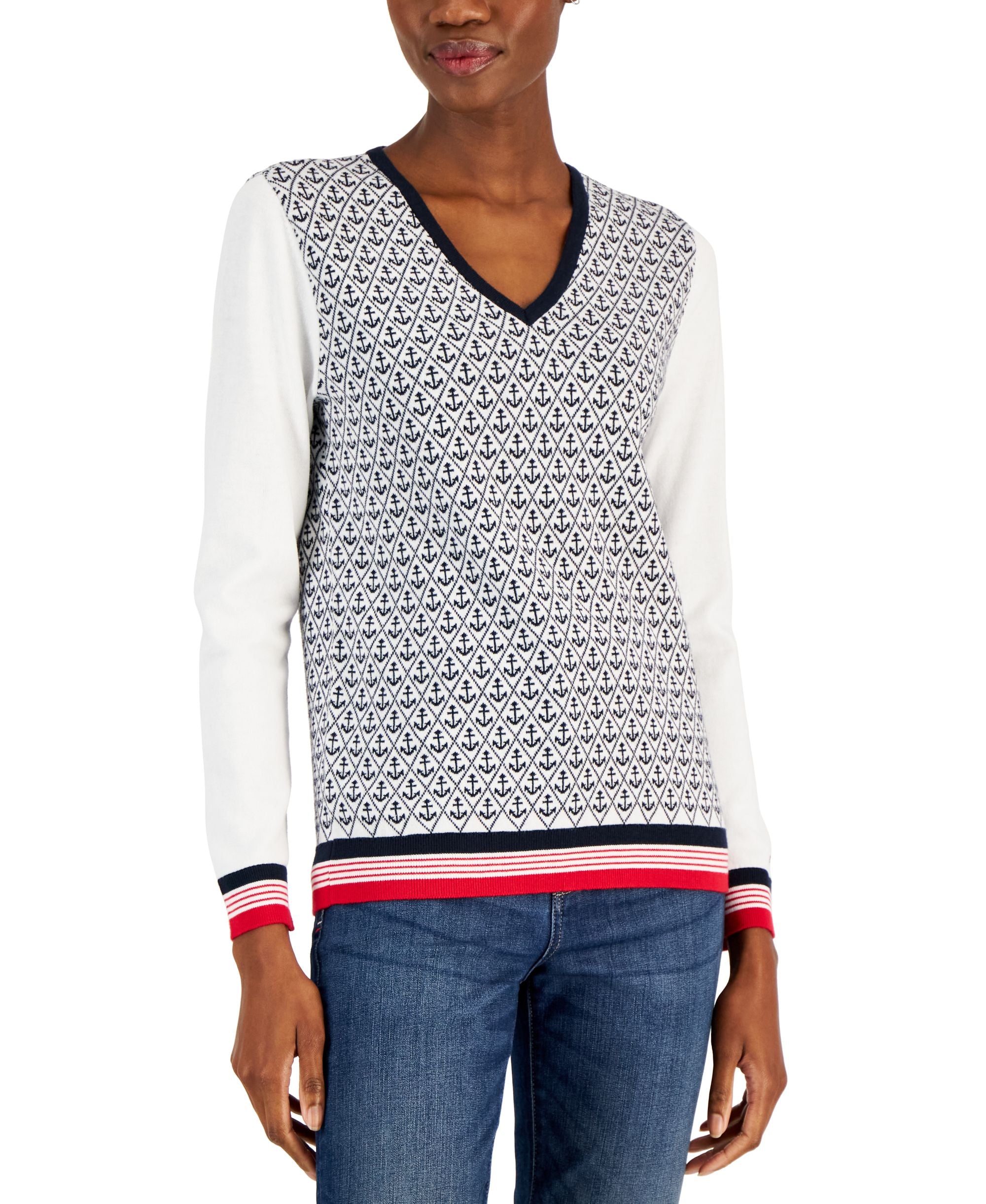 Women's Anchor Print Cotton V-Neck Sweater