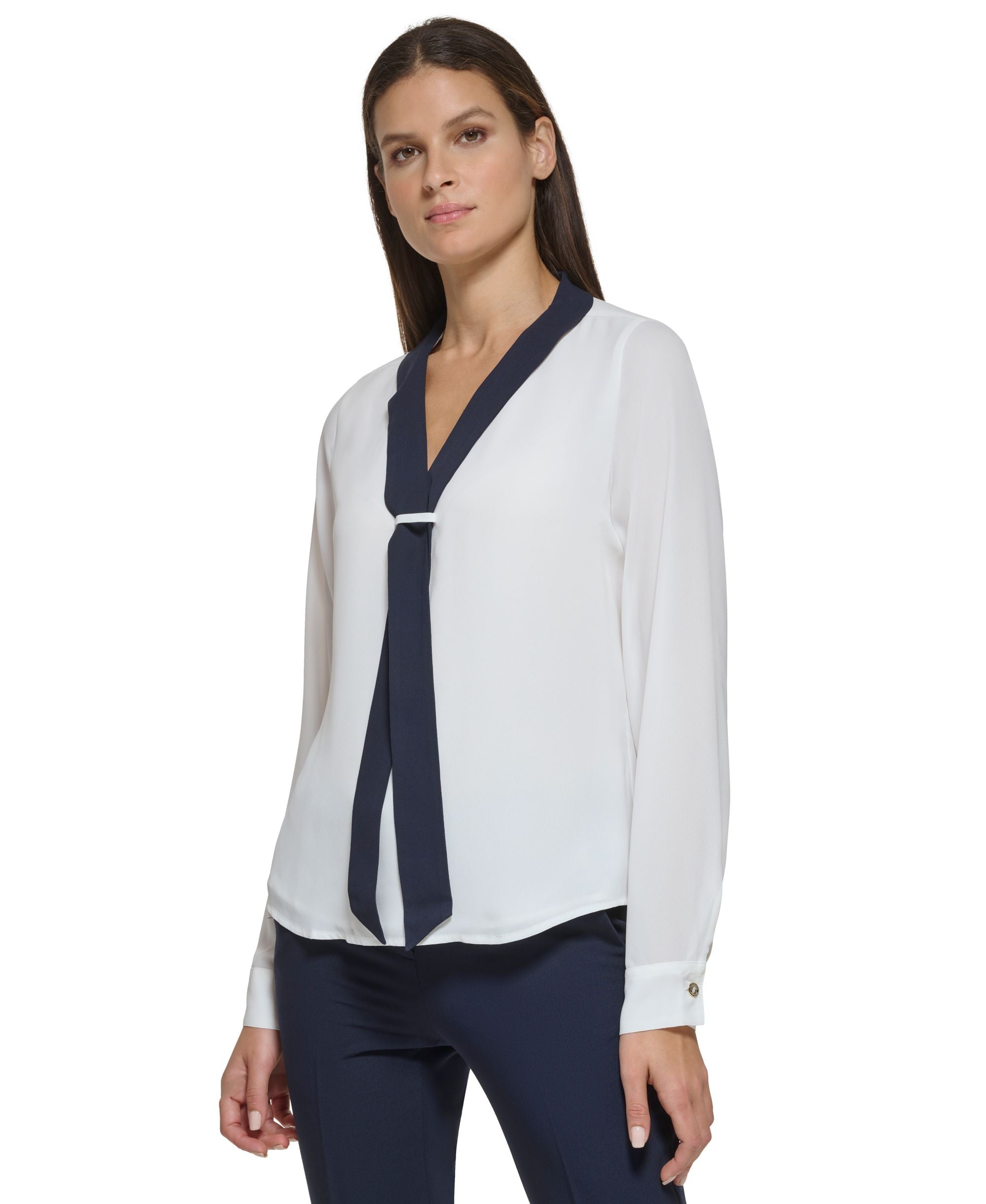 Women's Sailor-Style Tie-Neck Long-Sleeve Top