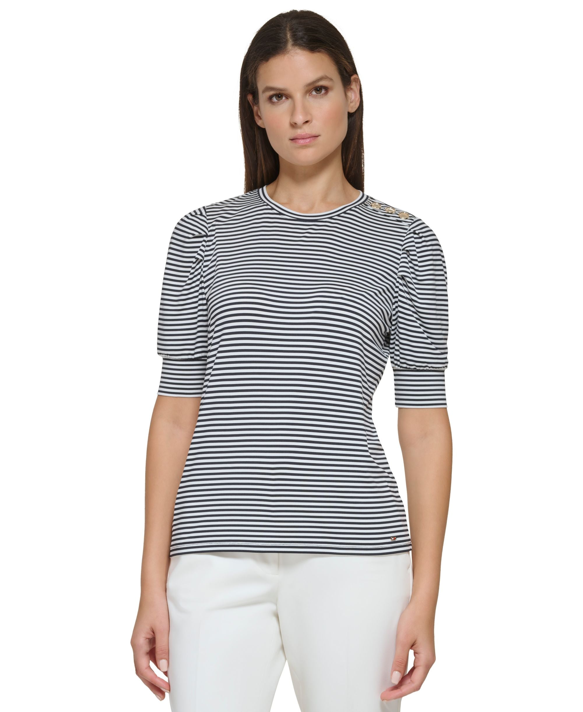 Women's Striped Puff-Sleeve Knit Top