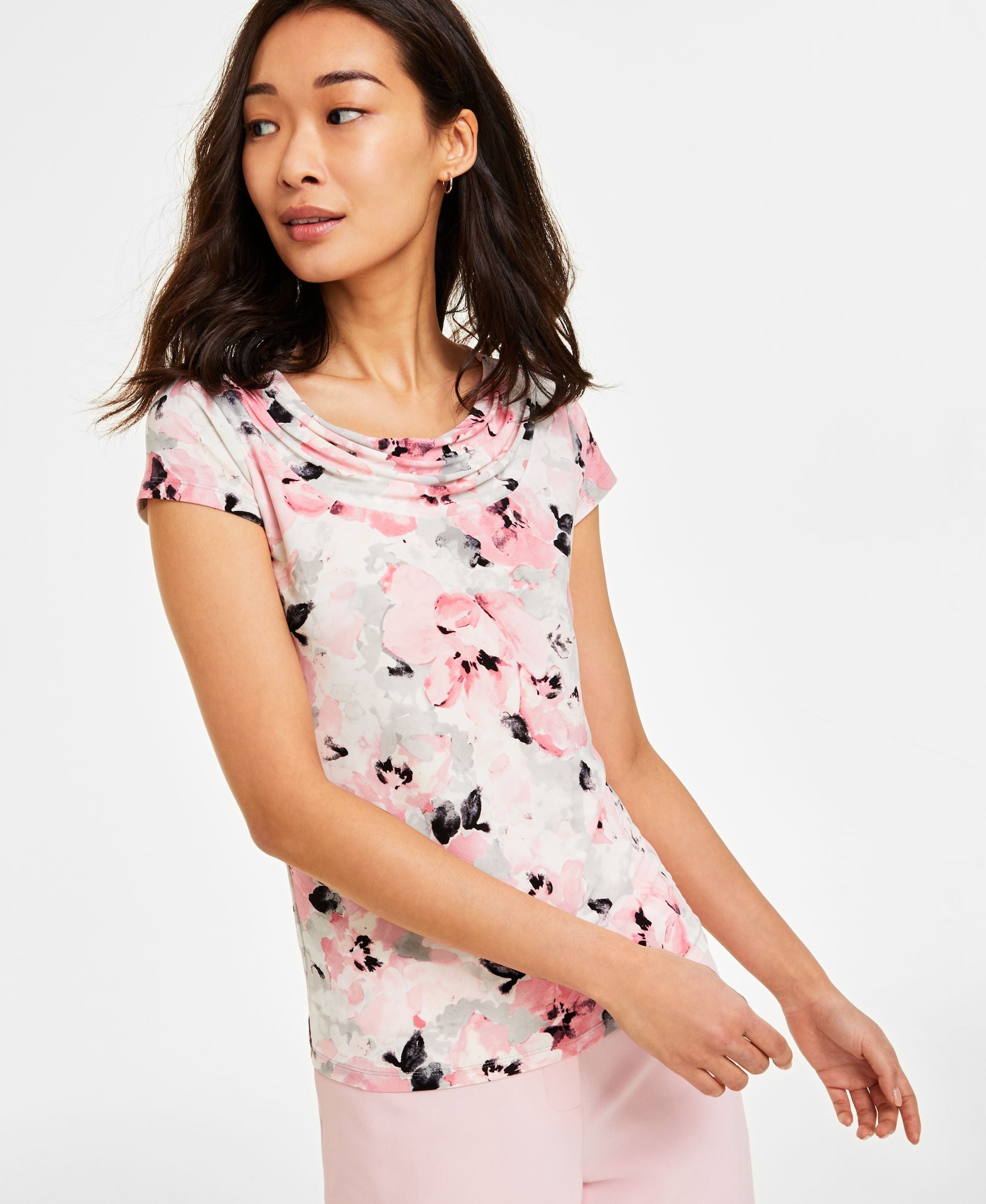 Women's Floral-Print Cap-Sleeve Cowlneck Top