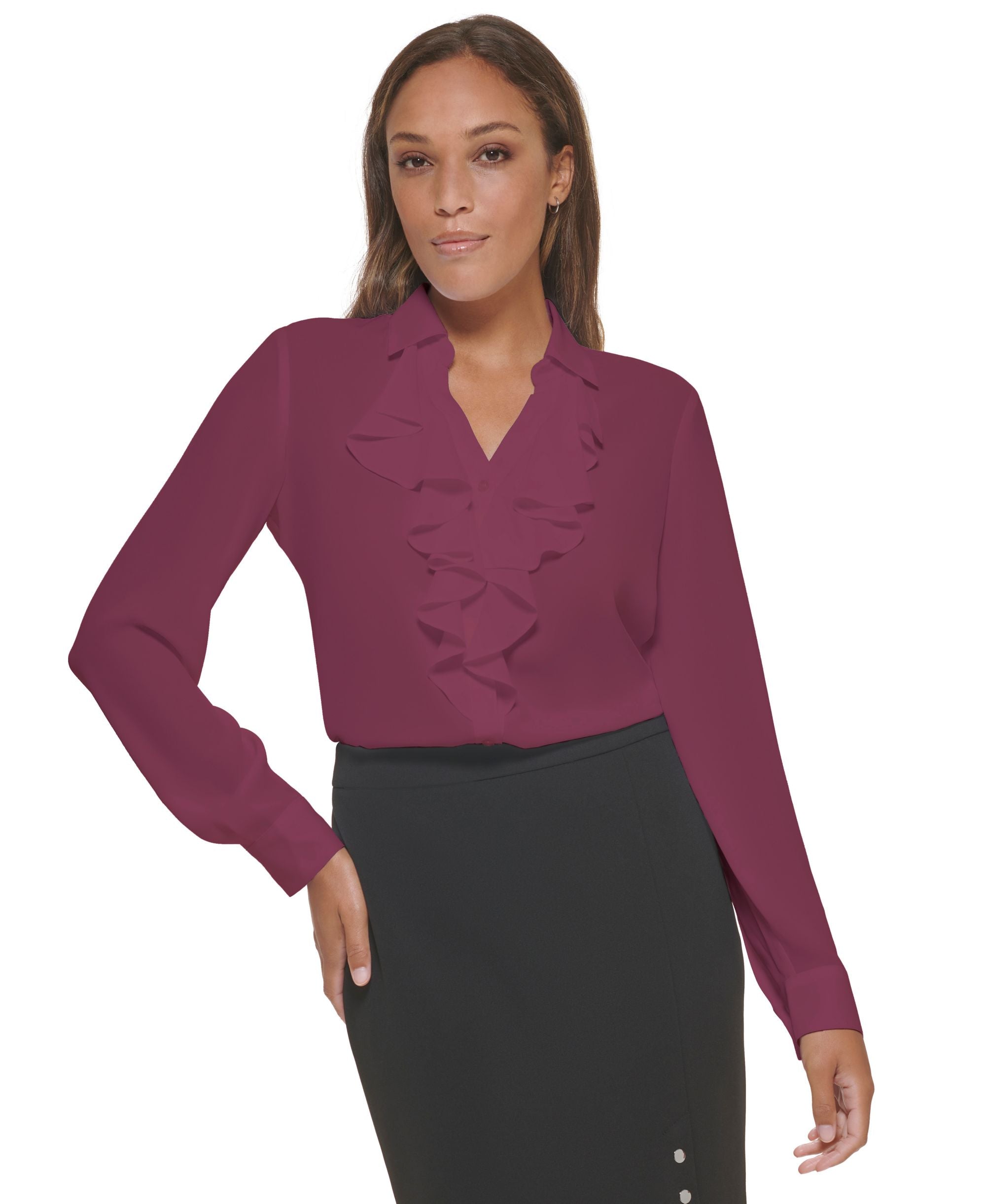 Women's Ruffle-Front Button-Up Blouse