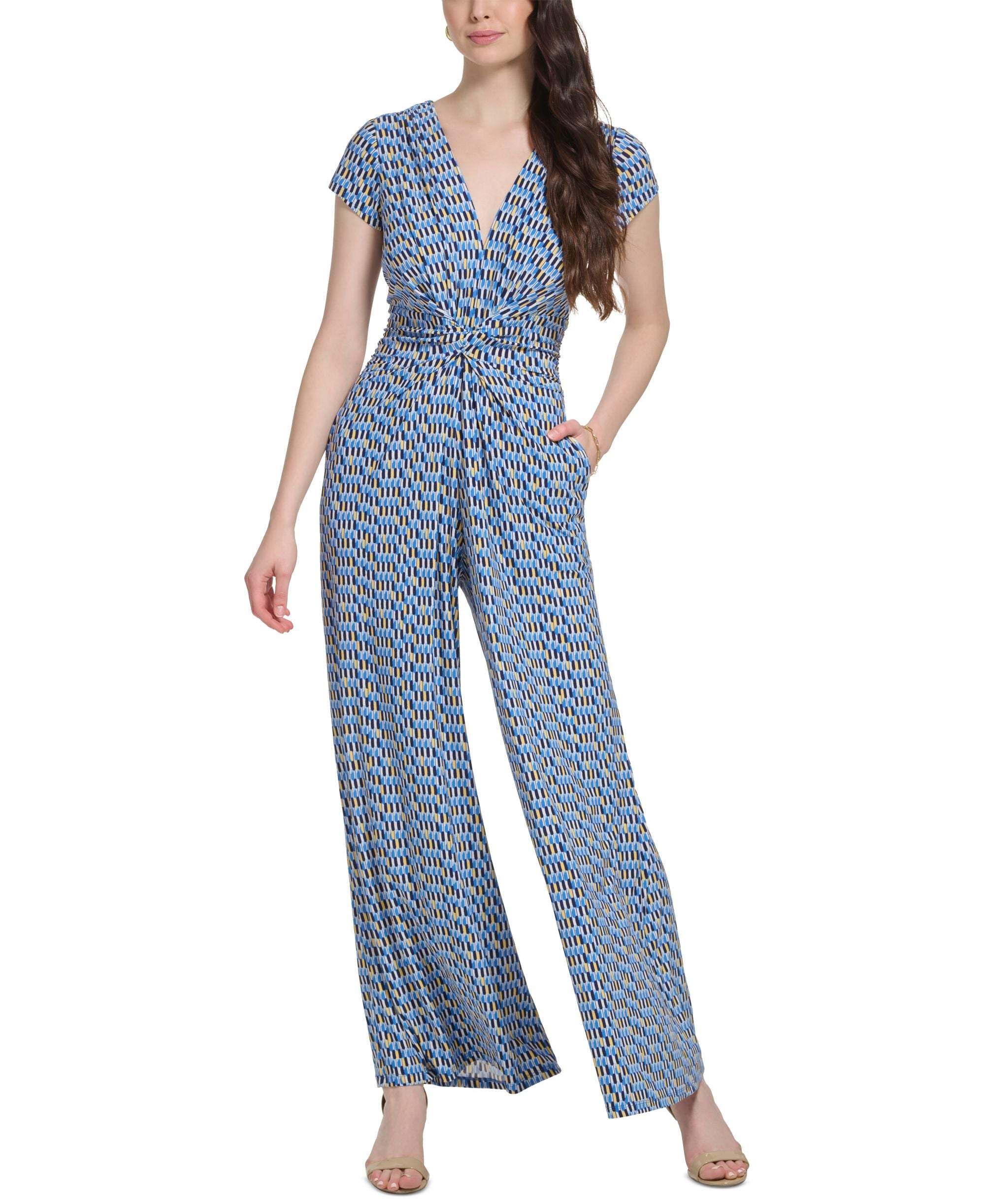 Women's Printed Twist-Front Cap-Sleeve Jumpsuit