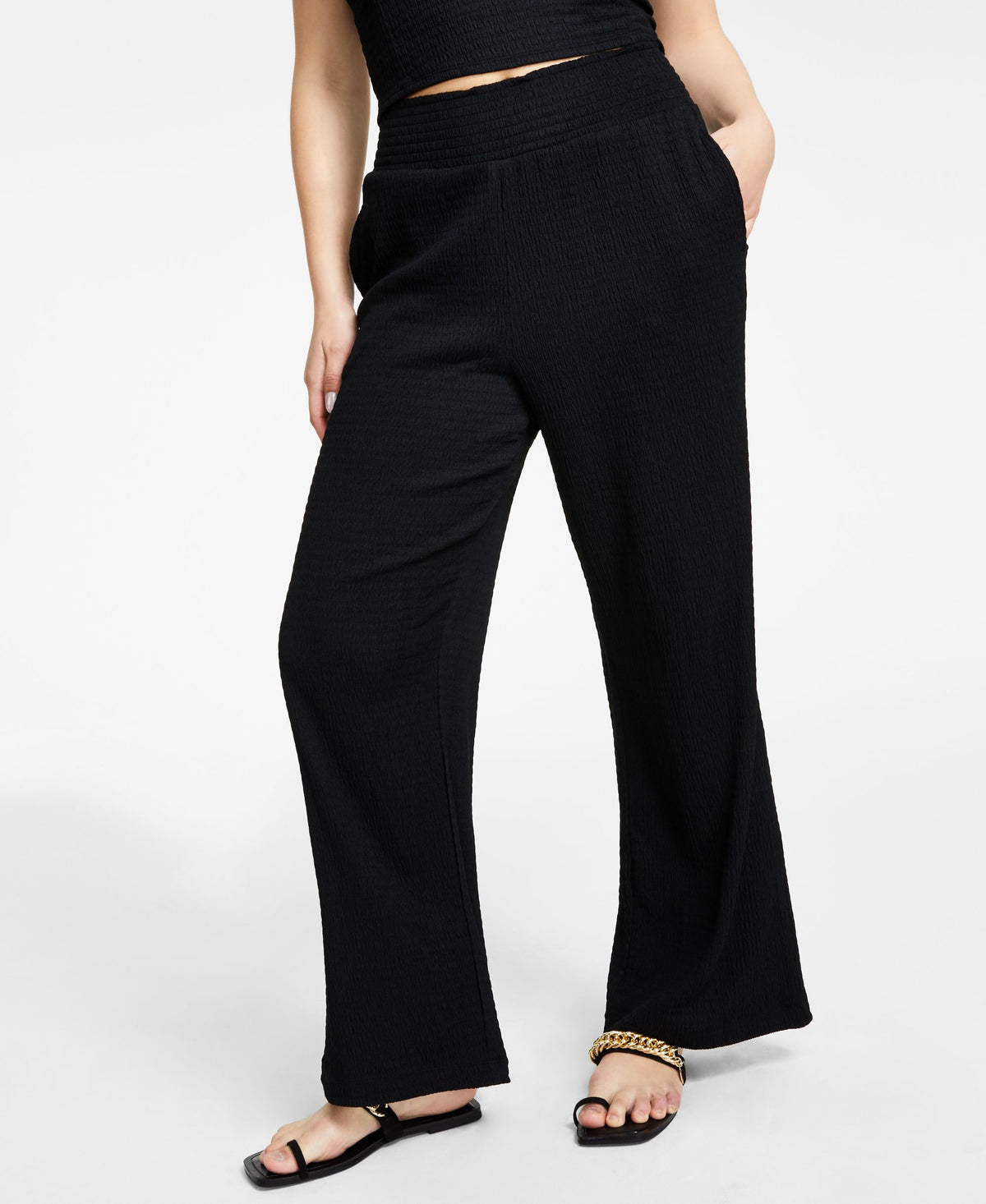 Bar III Petite Textured Smocked Pull On Pants