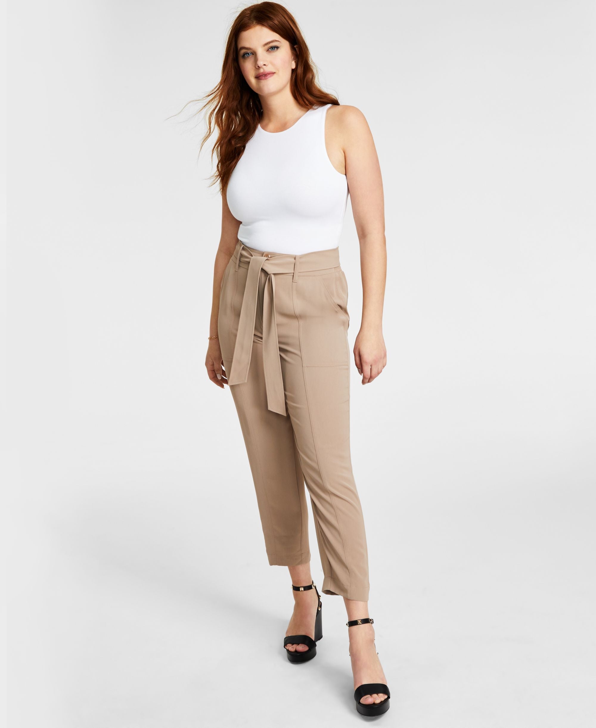 Bar III Petite Tie Waist High Rise Tapered Leg Pants