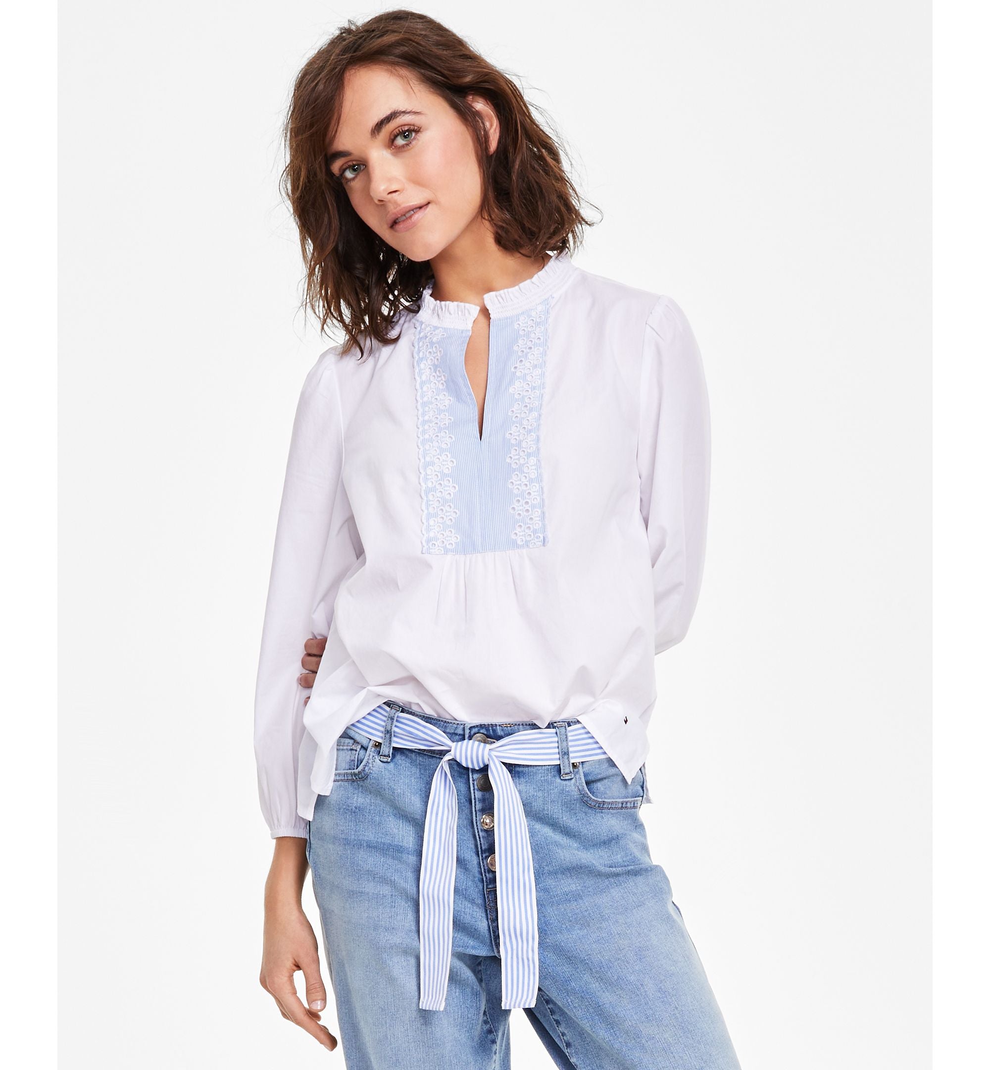 Women's Cotton Ruffled-Collar Striped-Bib Top