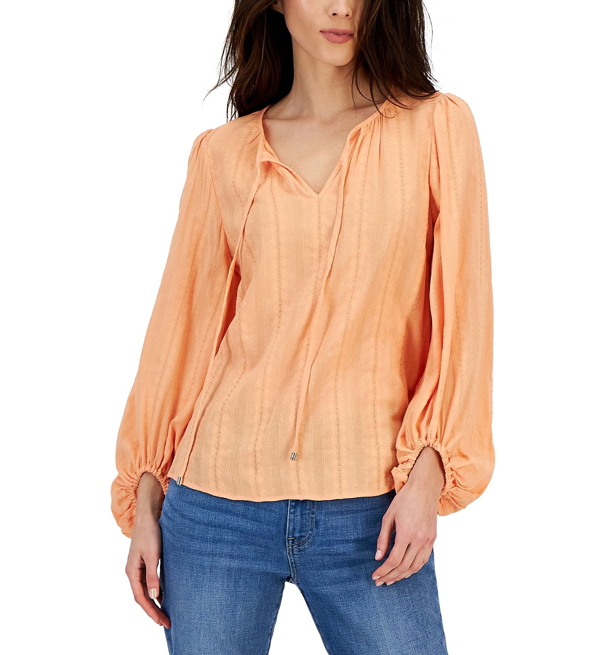 Women's Textured Tie Puff-Sleeve Peasant Top