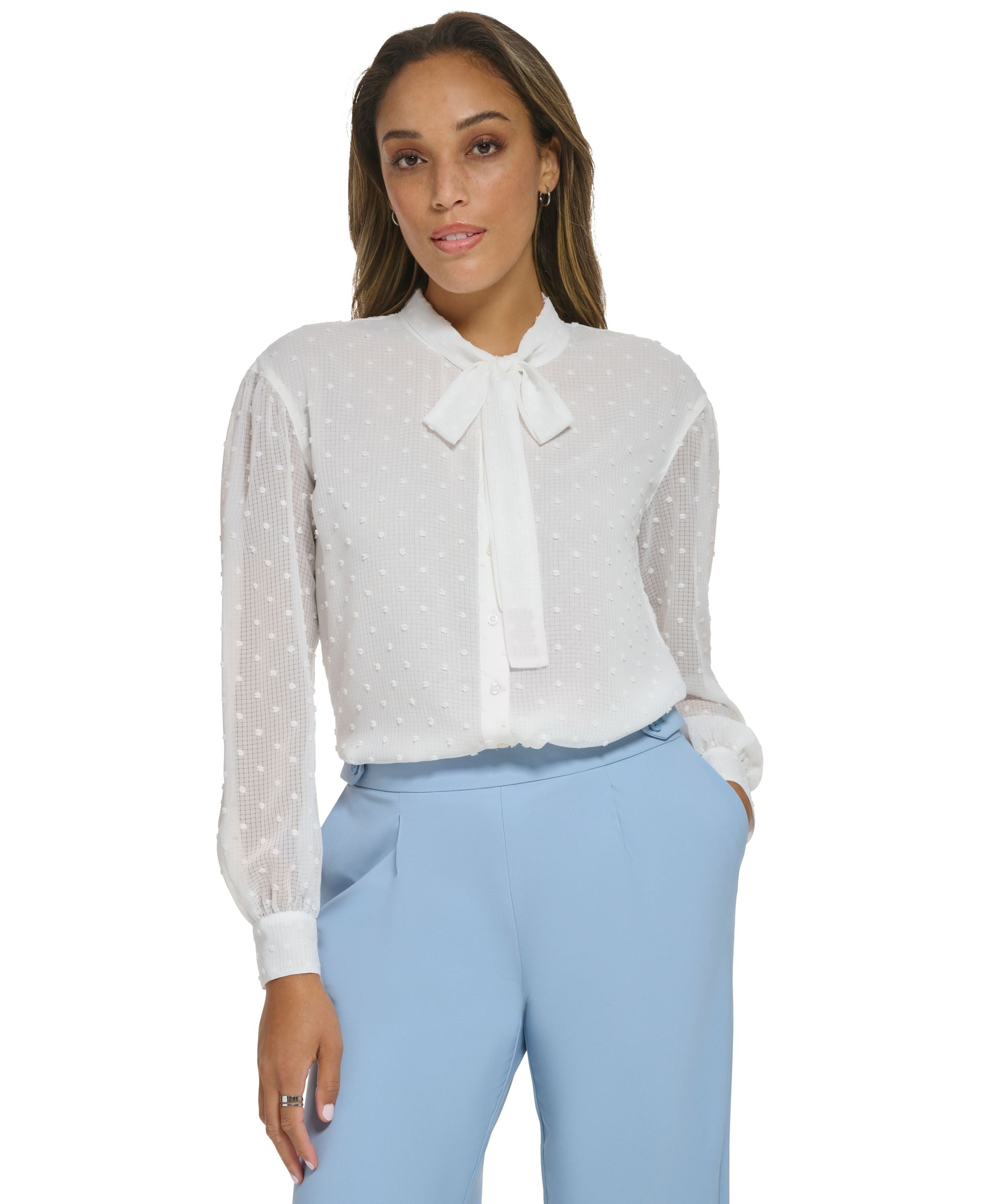 Women's Clip-Dot Long-Sleeve Tie-Neck Blouse