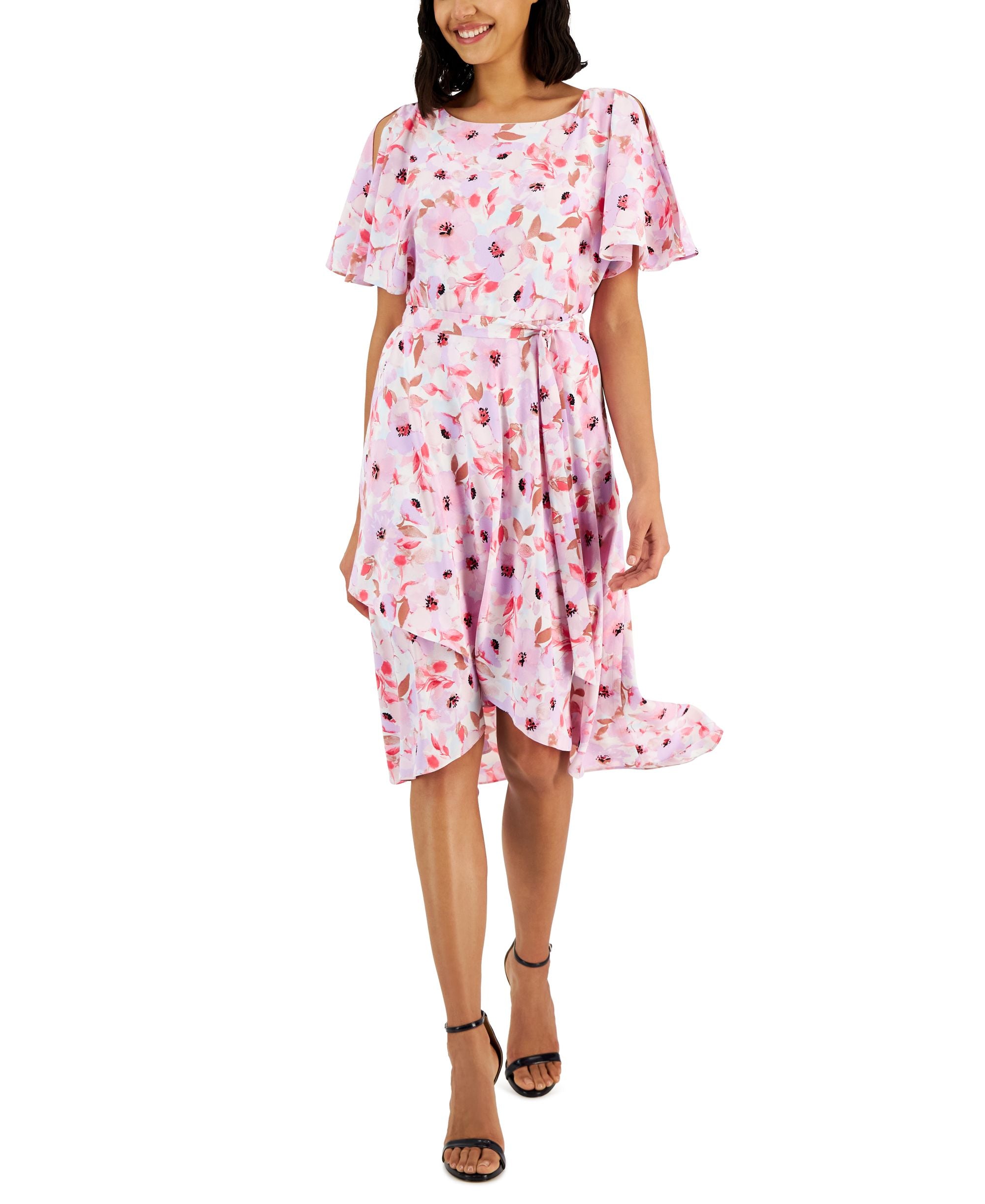 Women's Printed Slit-Shoulder Tie-Waist Dress