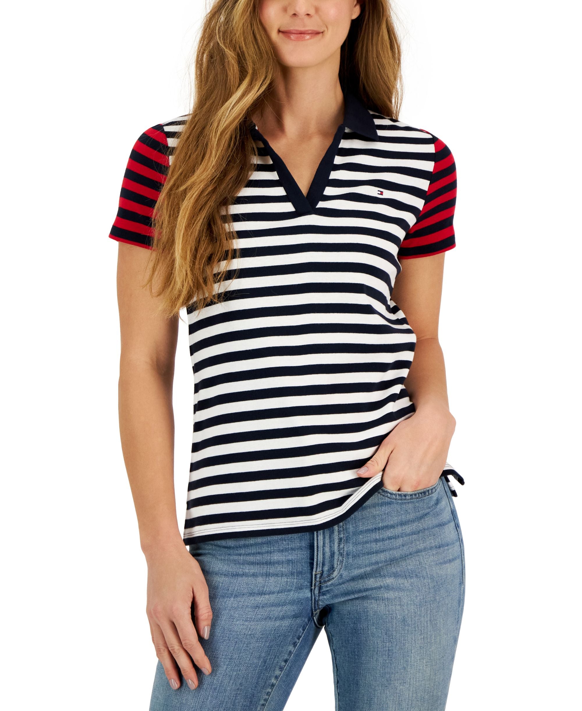 Women's Colorblocked Striped Johnny Collar Polo