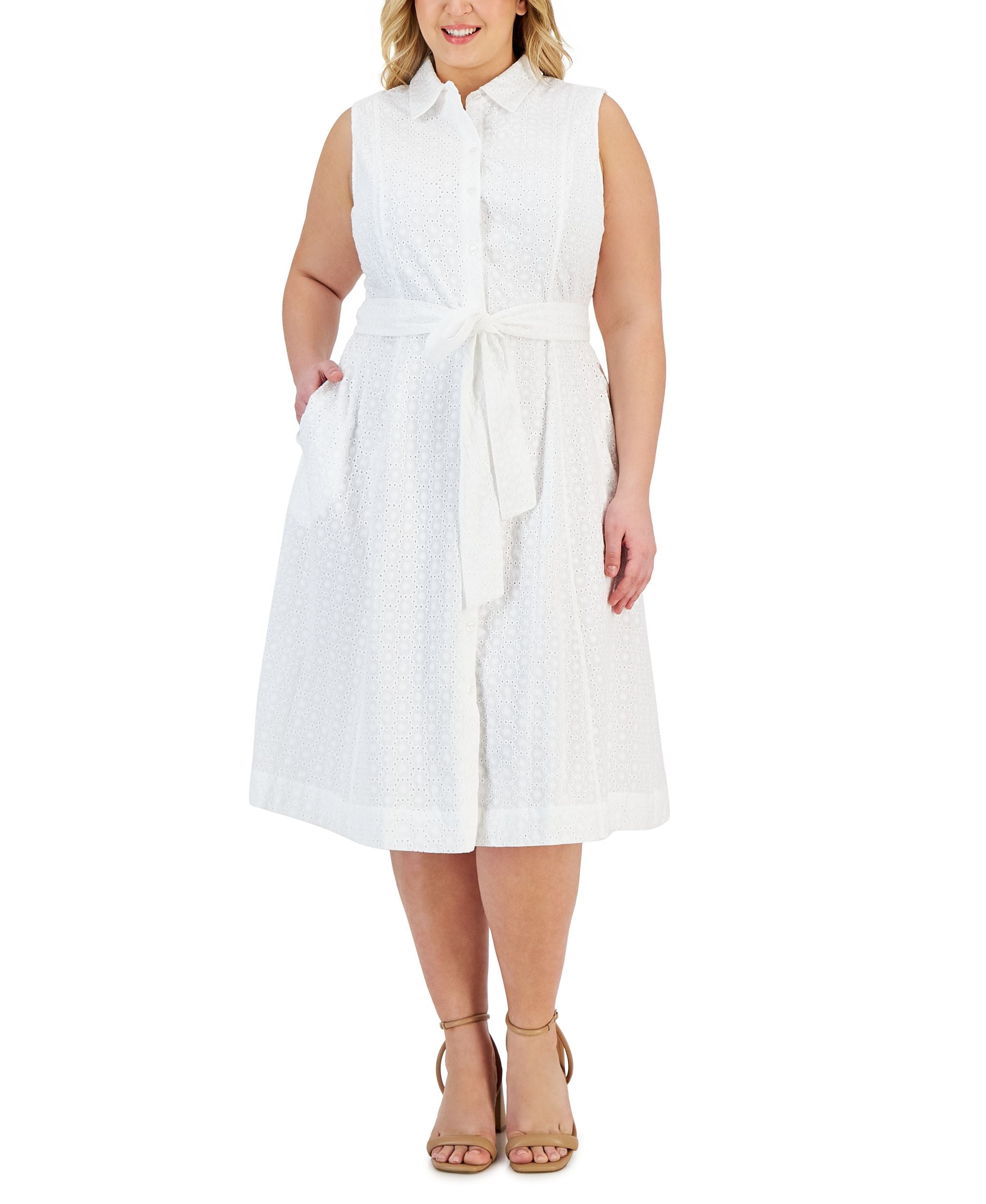 Plus Size Tie Waist Eyelet Midi Shirtdress