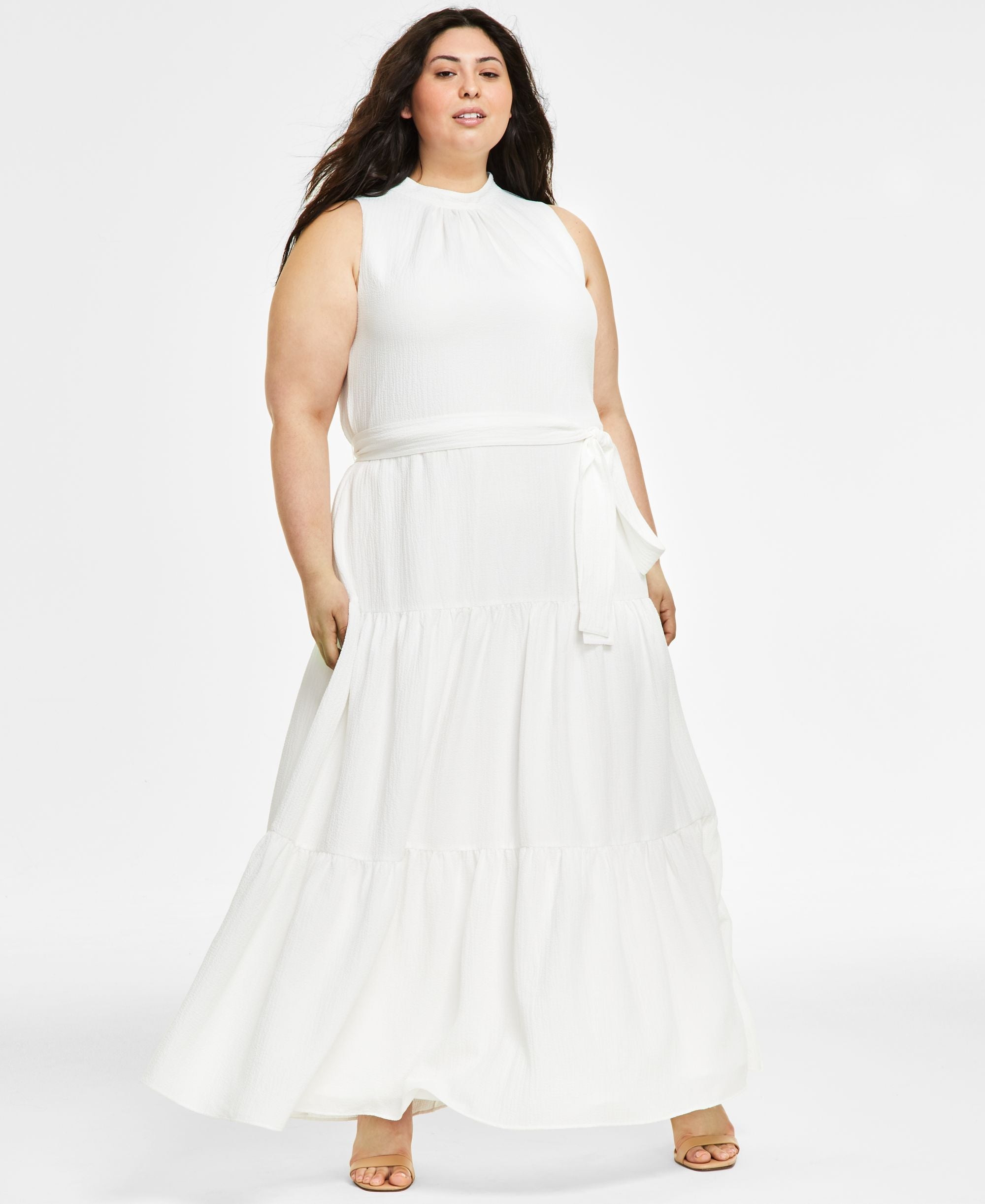 Plus Size Belted Textured Tiered-Skirt Dress