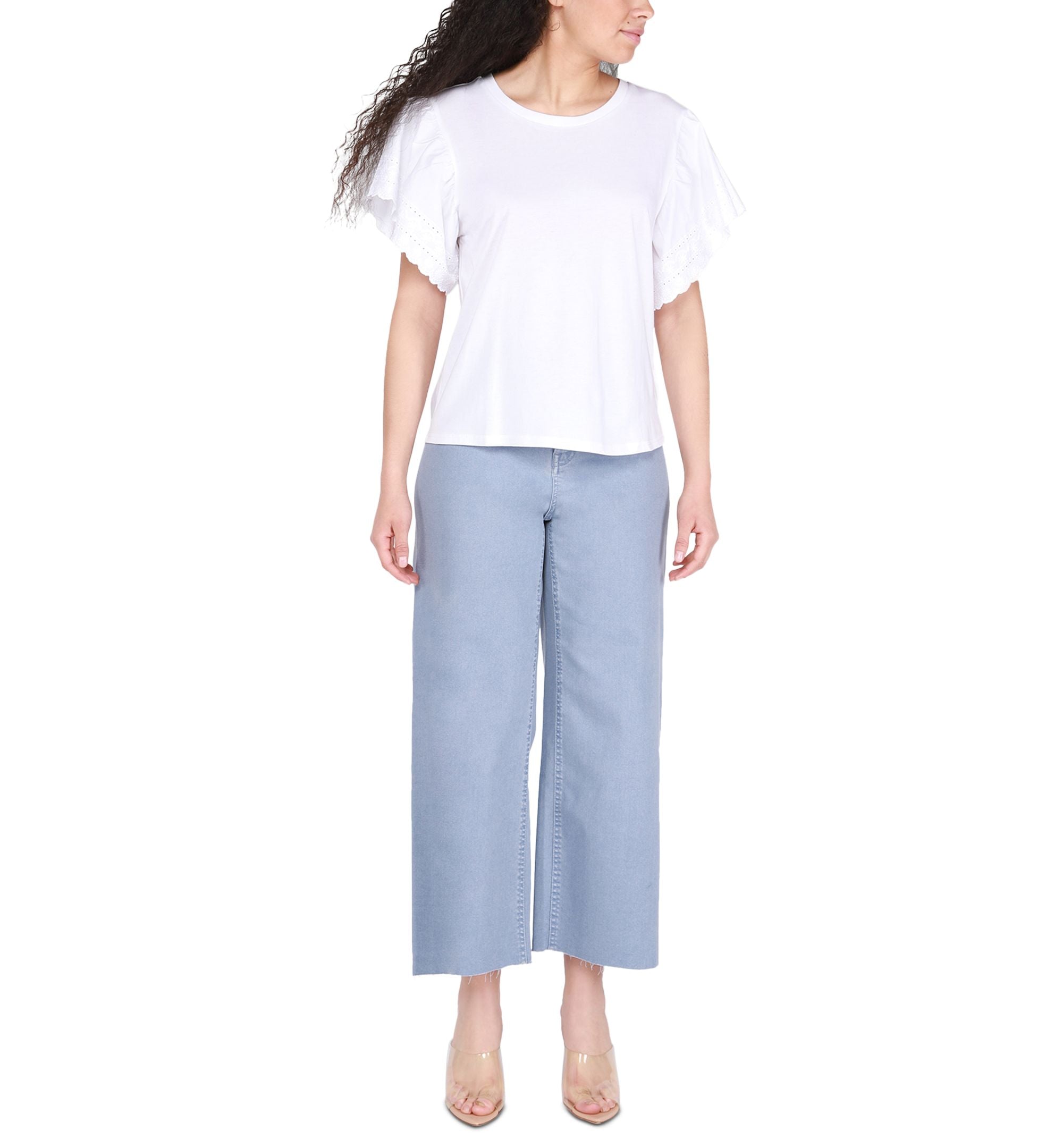 Women's Solid Embroidered Flutter-Sleeve Top