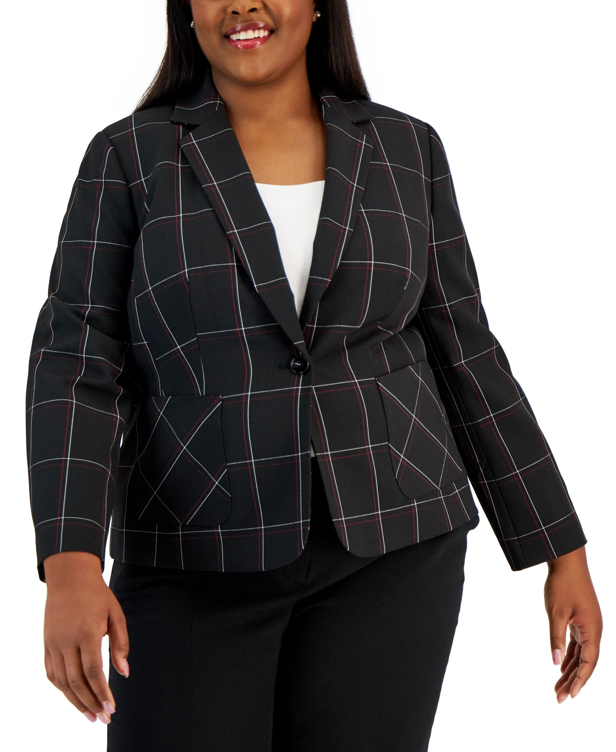 Plus Size Plaid Single-Button Notched-Collar Blazer