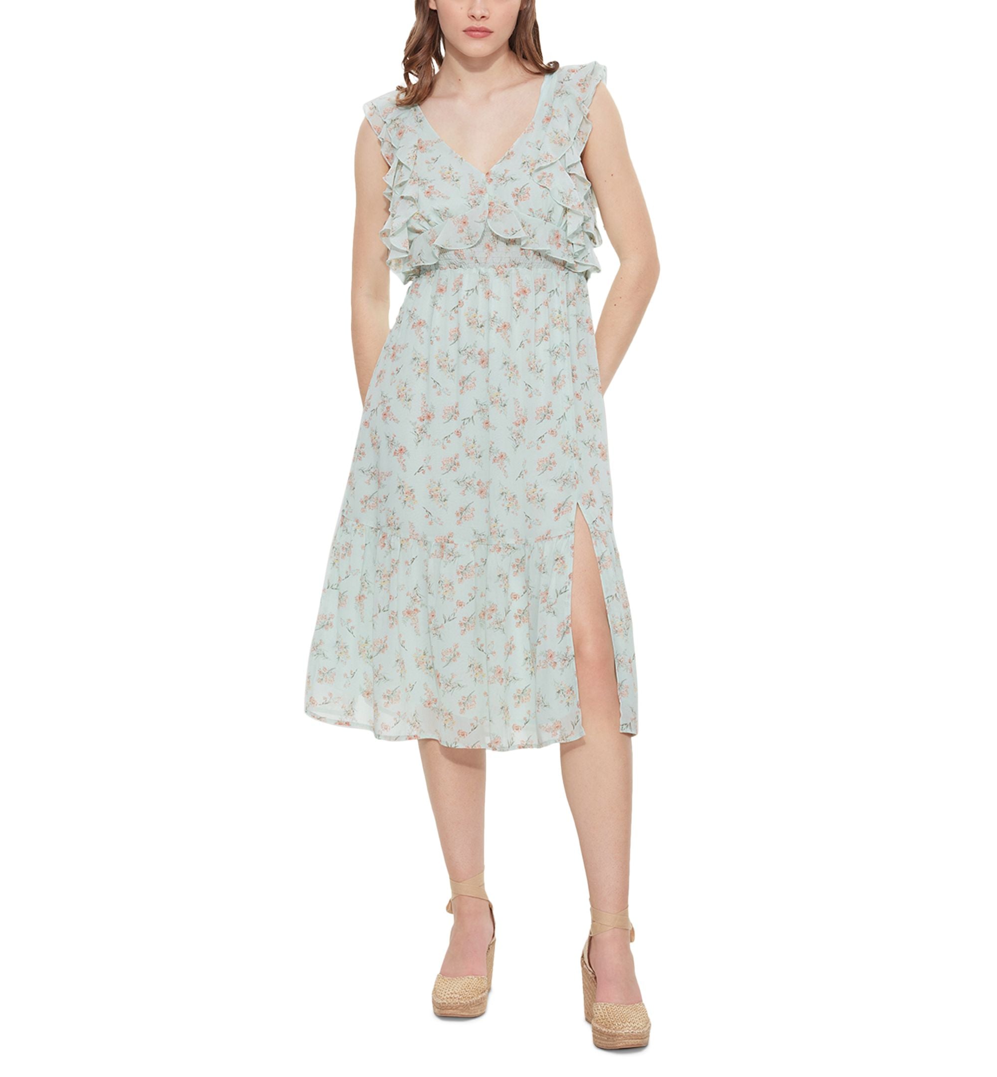 Women's Floral-Print Tie-Back Ruffled Midi Dress