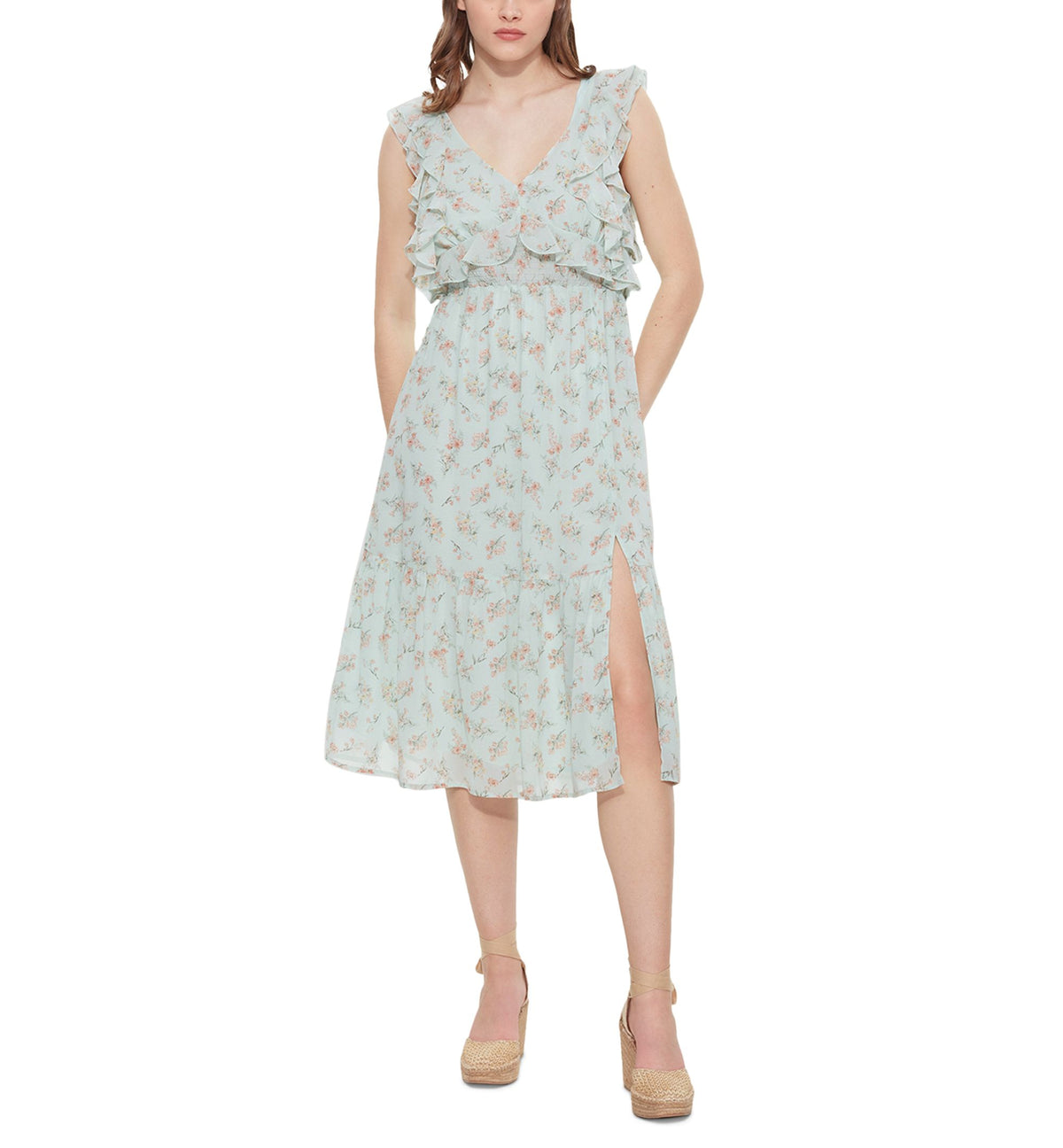 Women's Floral-Print Tie-Back Ruffled Midi Dress