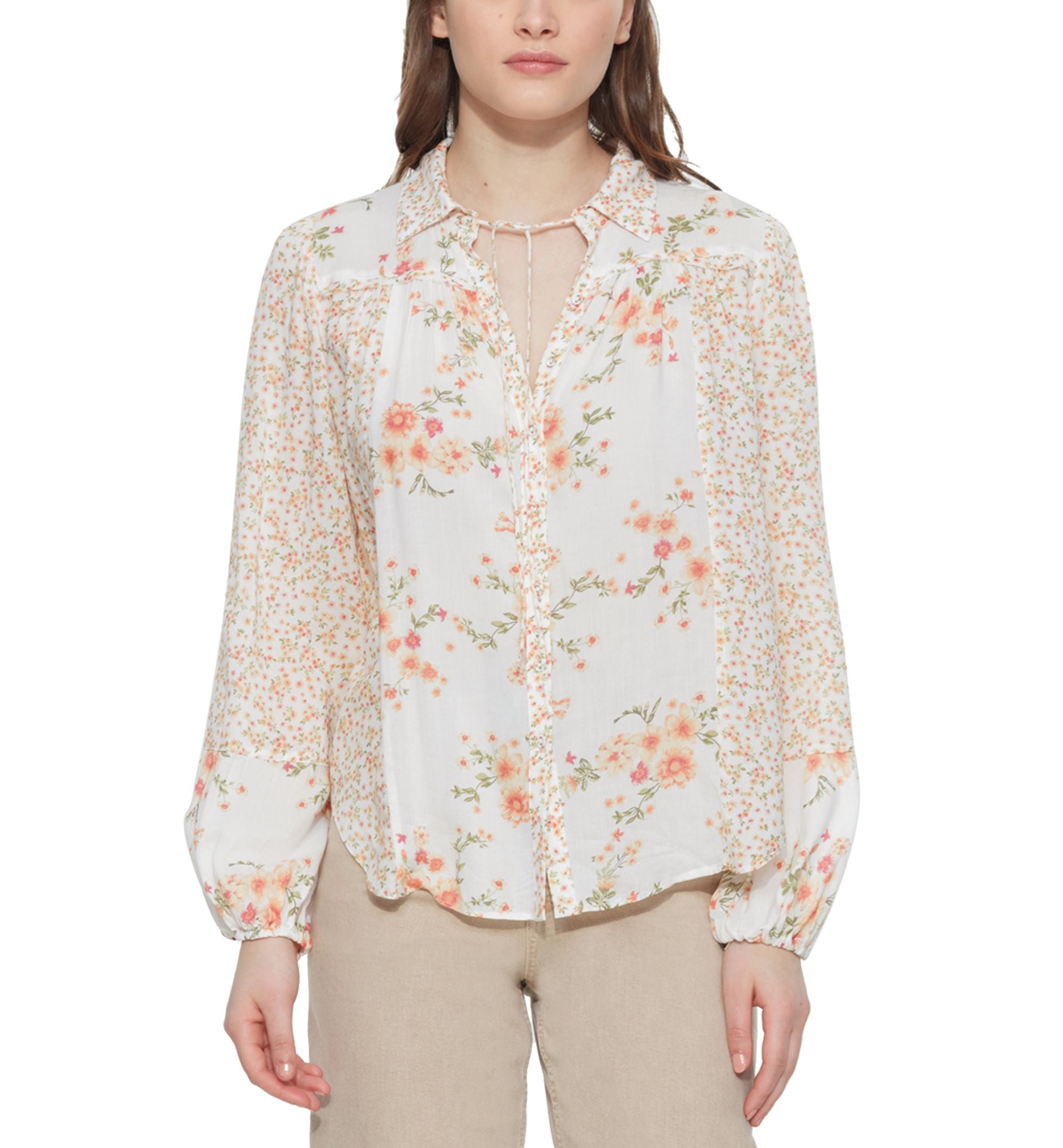 Women's Mixed-Print Tie-Neck Button-Front Blouse