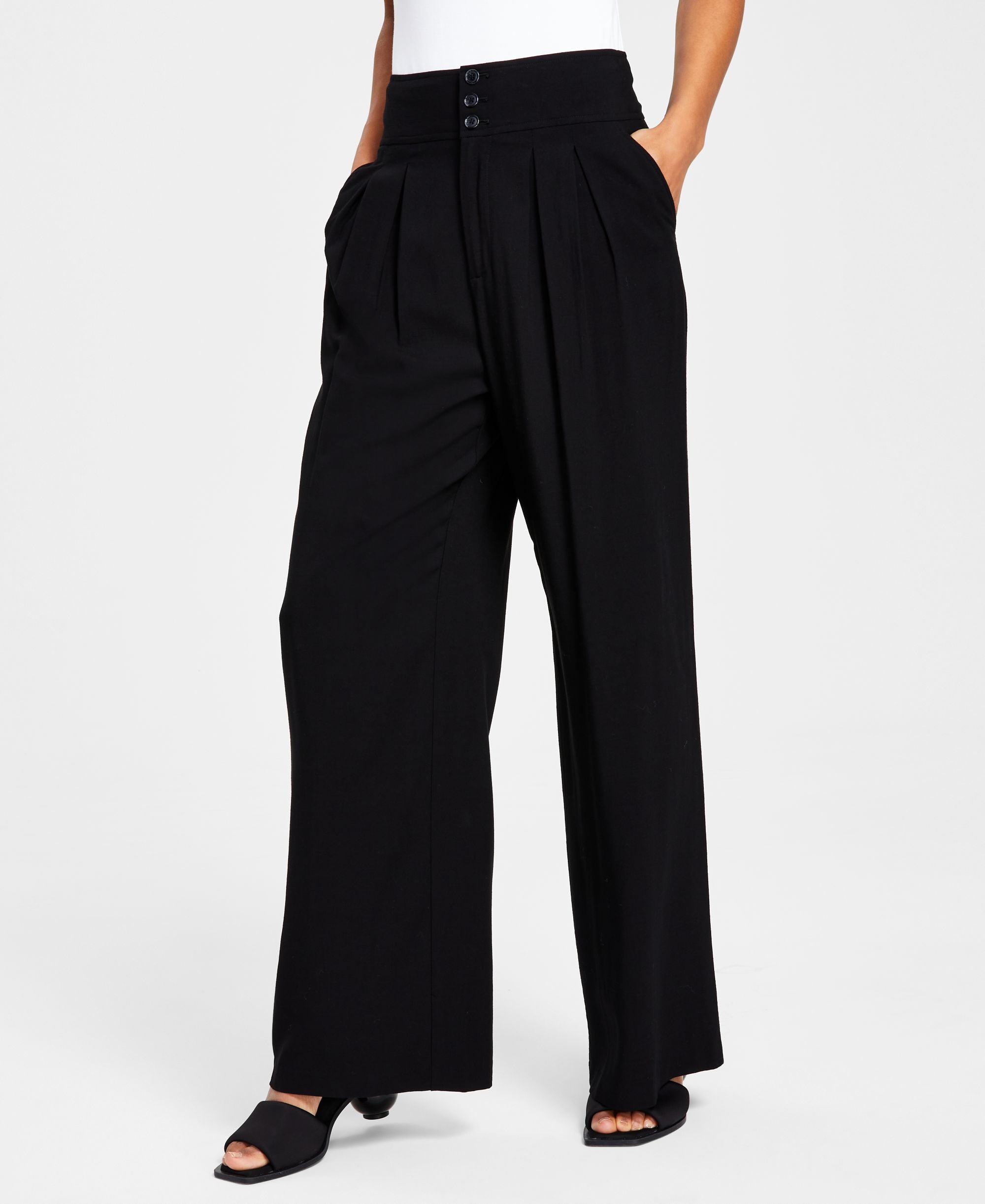 Bar III Petite High Rise Pleated Wide Leg Pants